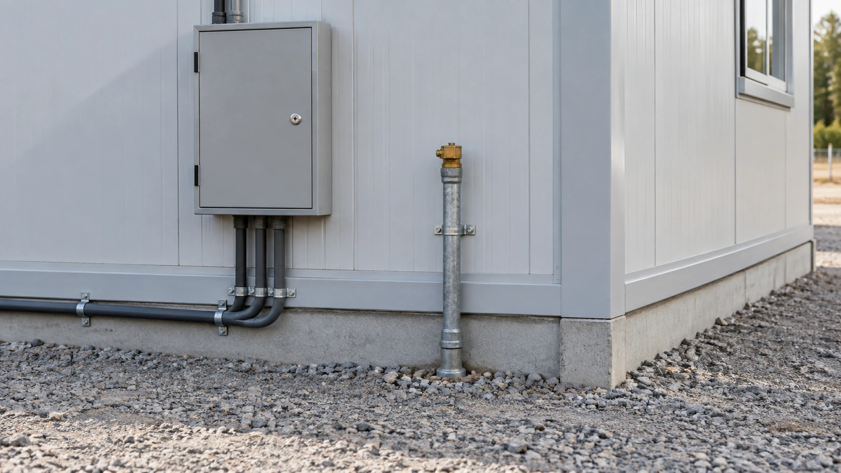 New concept illustration of protected modular-building service terminations beside a closed utility enclosure.