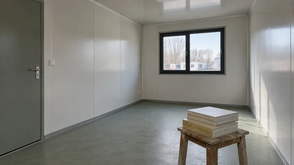 New concept illustration of a modest modular room with its wall, floor, ceiling and shaded window visible together.