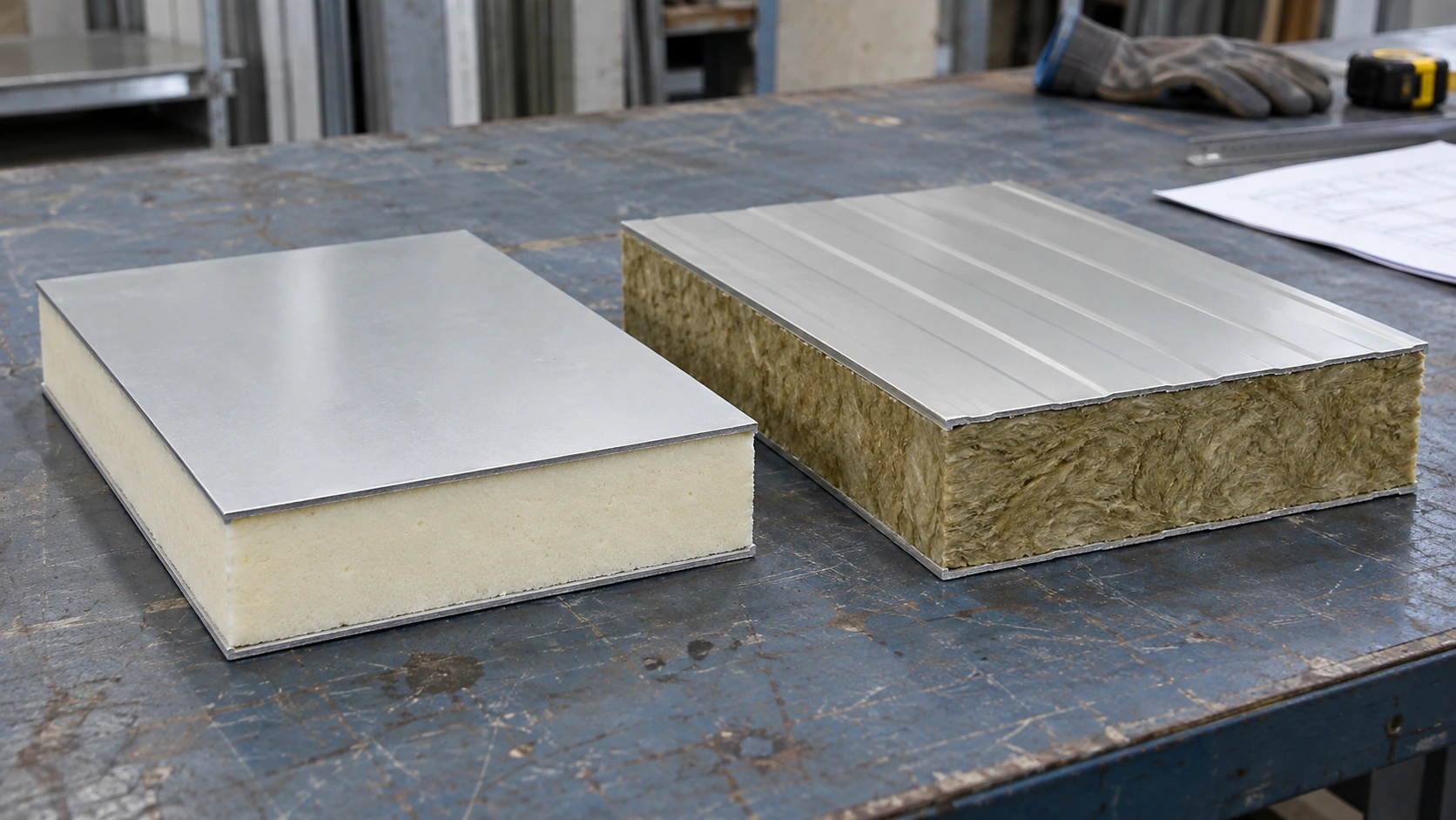 New concept illustration of two unlabelled sandwich-panel samples showing facings and different insulation cores.