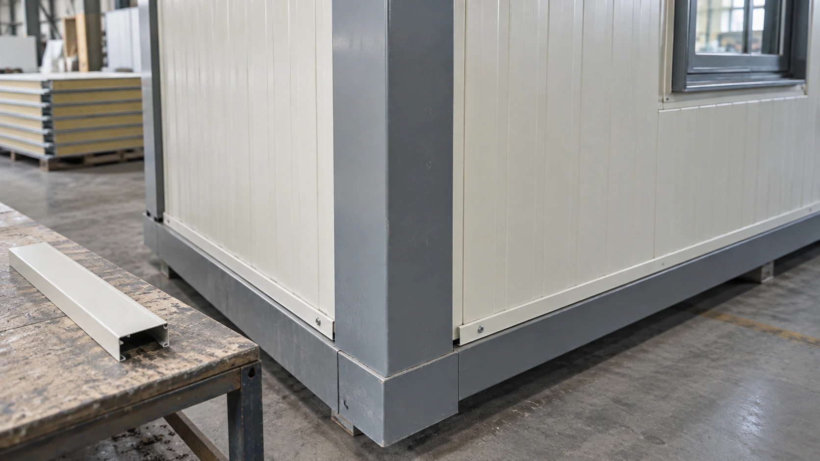 New concept illustration of a modular wall corner showing the junction between a steel post, panel edges and trim.
