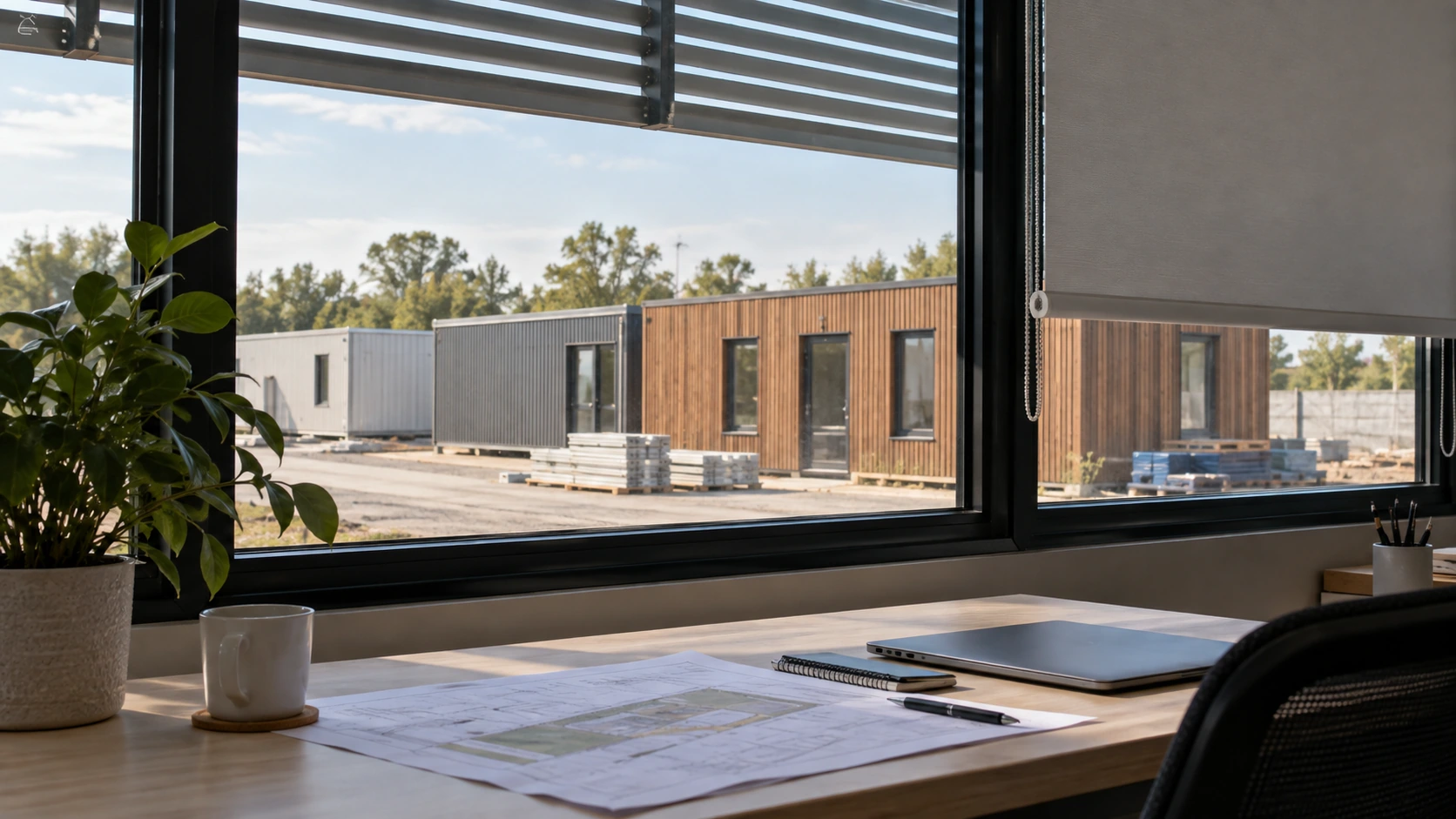 New concept illustration of a modular office window with exterior shading and an interior blind above a desk.