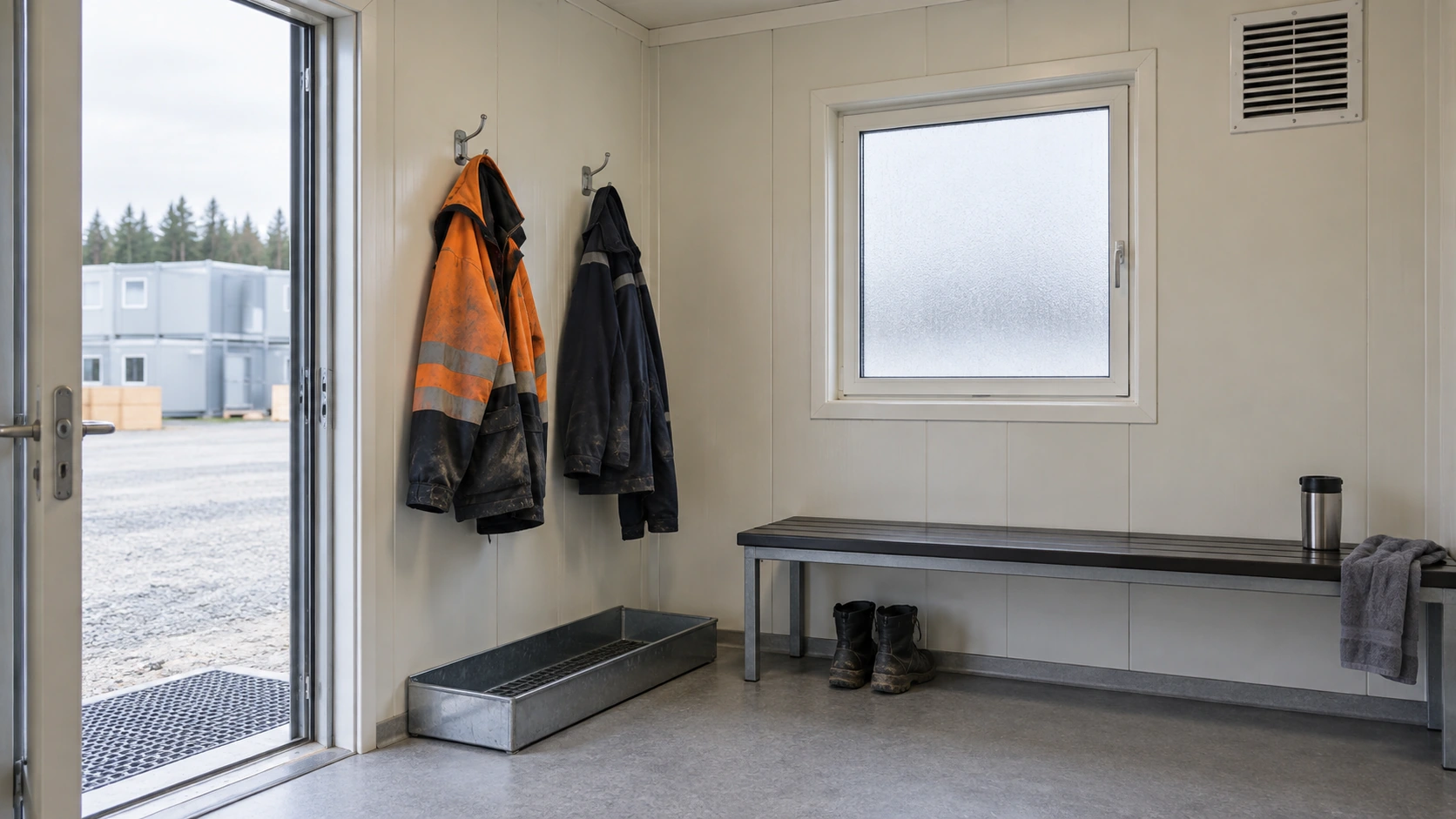 New concept illustration of a modular changing-room drying area with damp work jackets, ventilation grille and clear floor space.