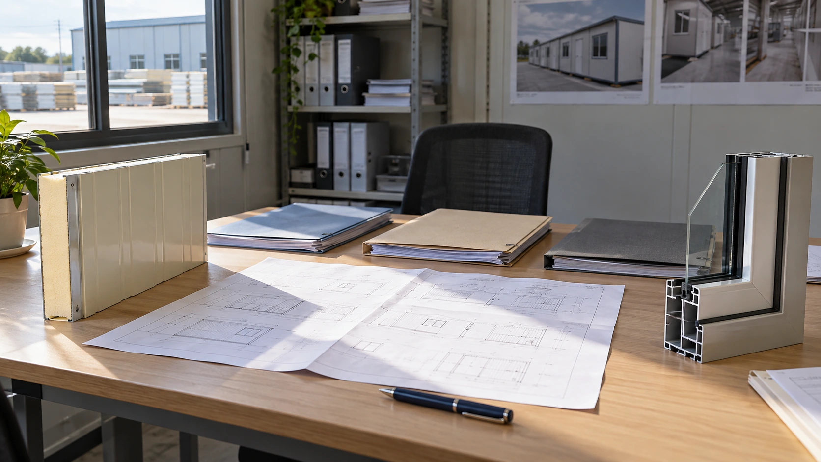 New concept illustration of an enclosure review desk with an unlabelled sample panel, window corner sample and organized documents.