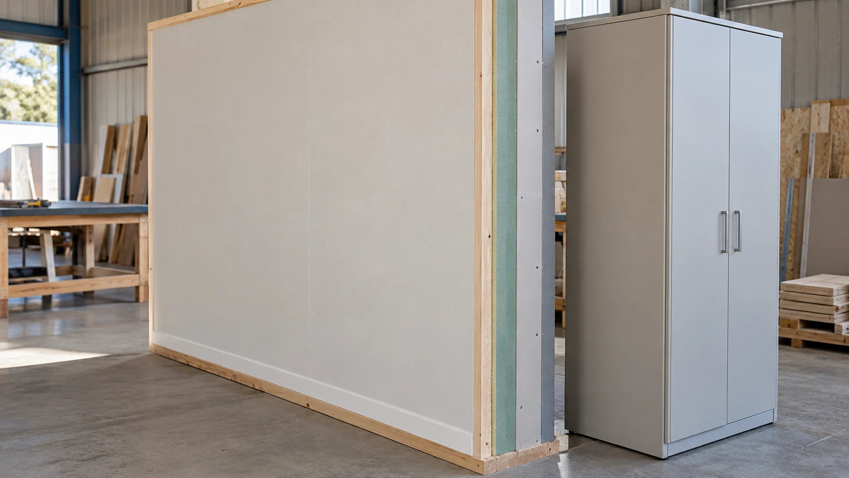 New concept illustration of a modular wall mock-up beside a cabinet showing the relationship between added lining and usable space.
