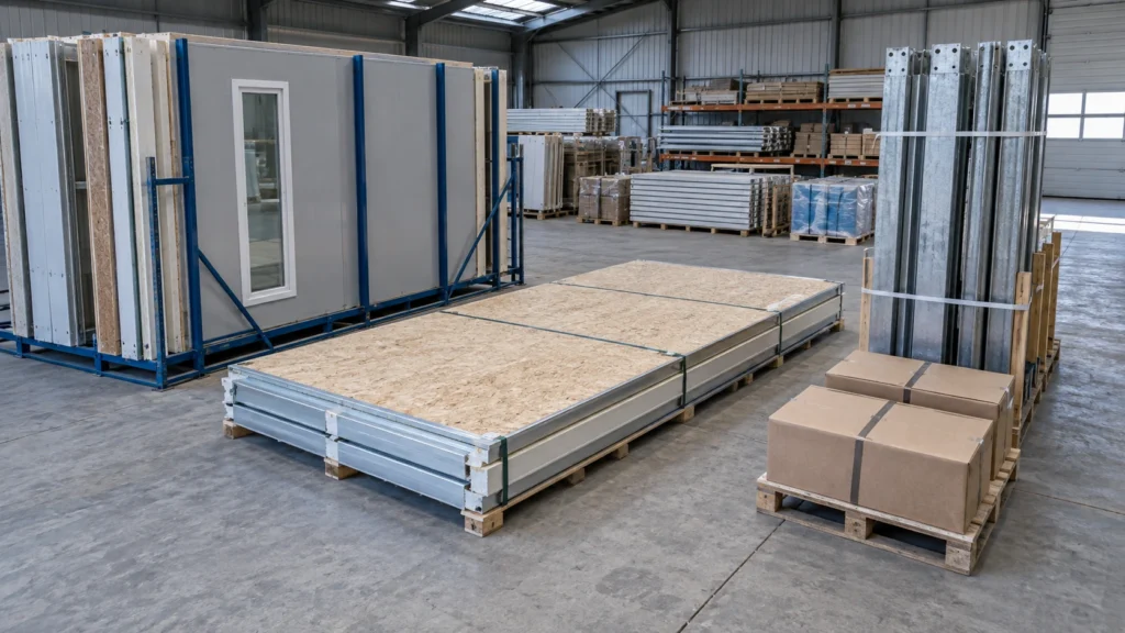 New concept illustration of a prefab building kit staged as floor cassettes, panels and protected hardware packages.