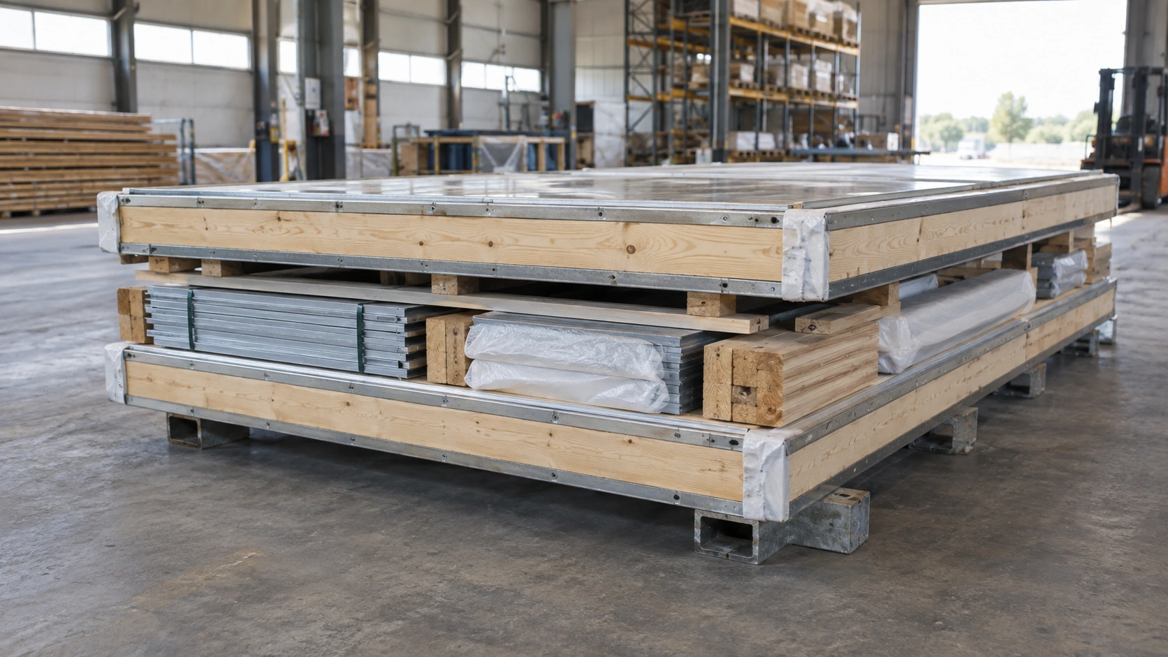 New concept illustration of a low protected prefab kit package secured on a factory staging pallet.