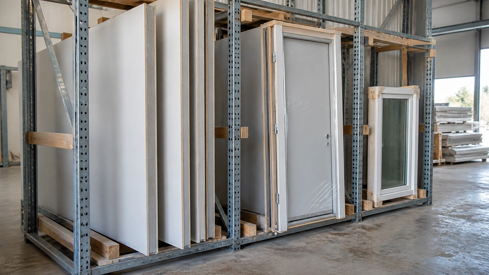New concept illustration of modular wall panels beside a protected door assembly and window frame in a workshop rack.