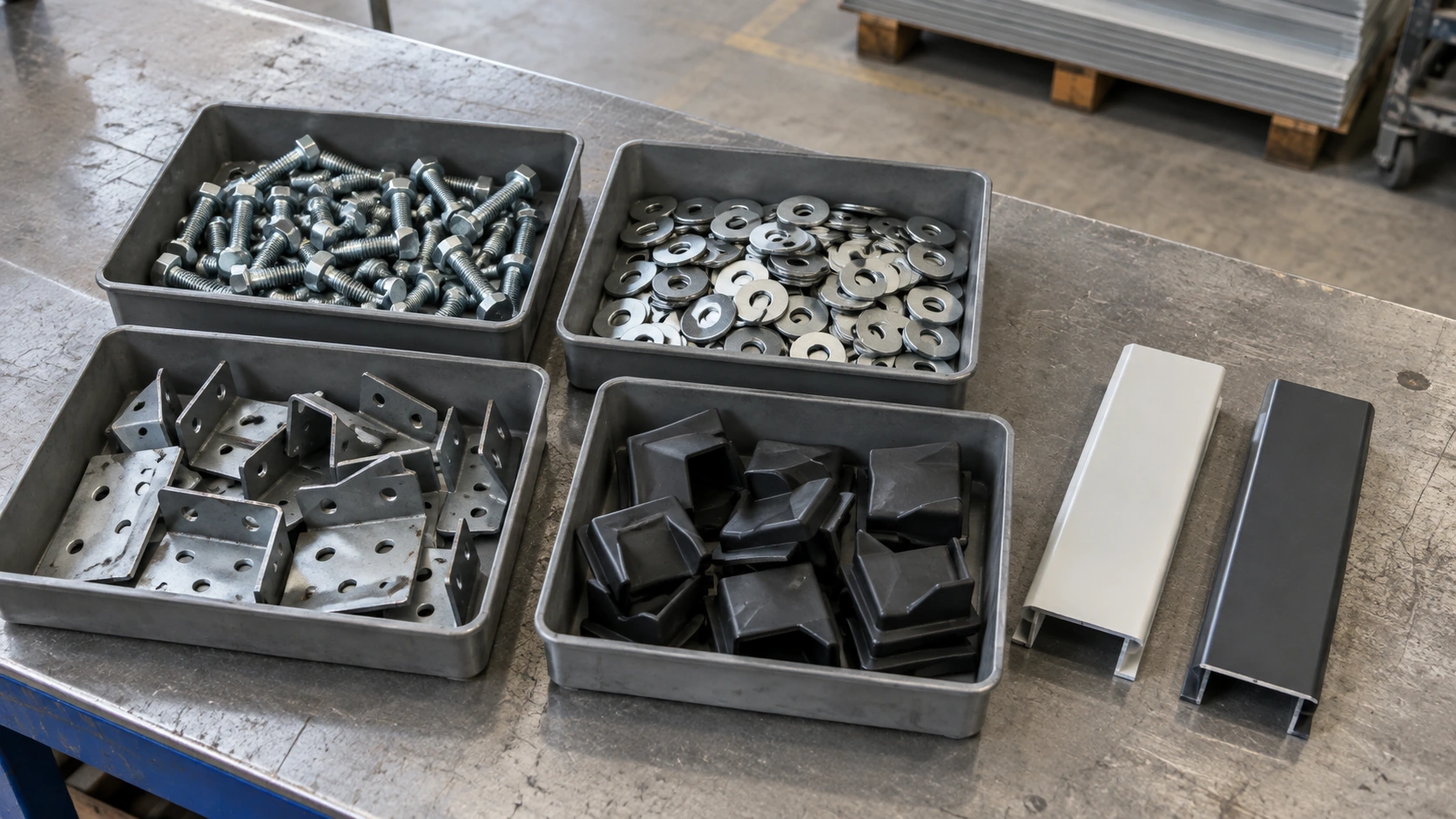 New concept illustration of organized fasteners, brackets and trim pieces on a packing bench.