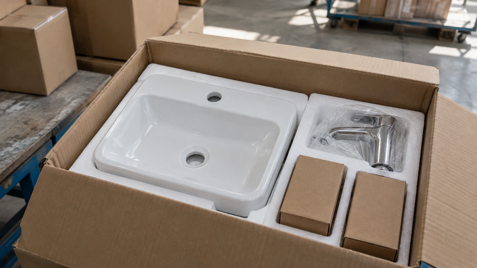 New concept illustration of a protected sanitary fixture package with basin, tap and separate accessory cartons.