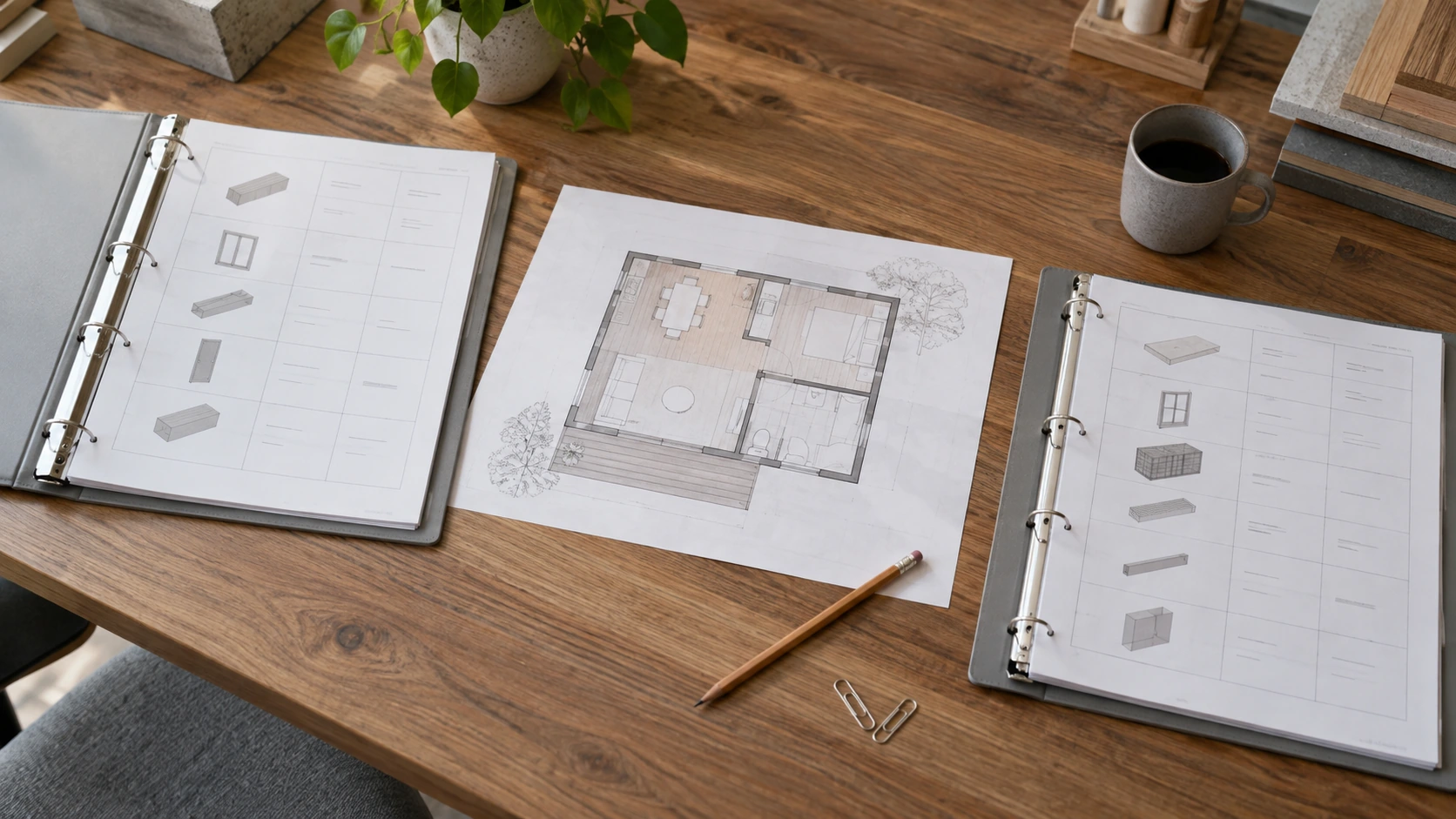 New concept illustration of two separately organized proposal folders beside a plain room-layout drawing.