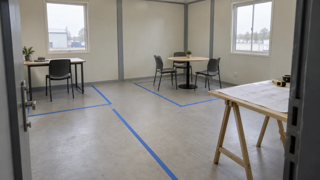 New concept illustration of a modular room with furniture areas and a clear walking route marked during layout planning.