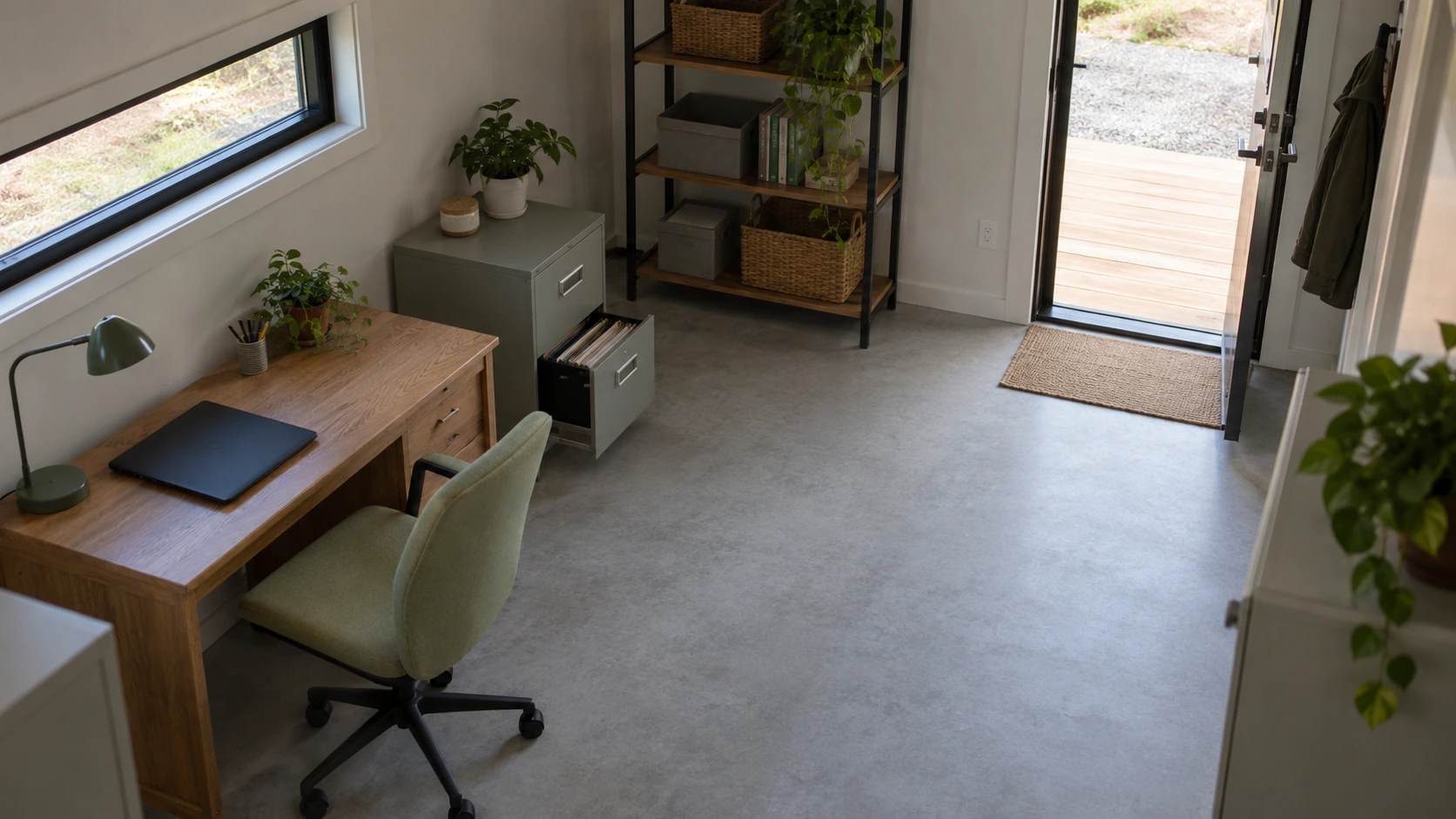 New concept illustration of a modular work room with a desk, open filing drawer and a separate walking route.