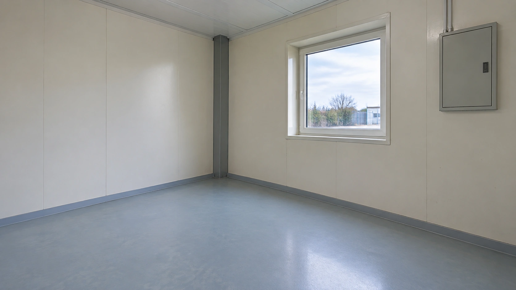 New concept illustration of an empty modular room showing wall lining, a projecting corner post and a window recess.