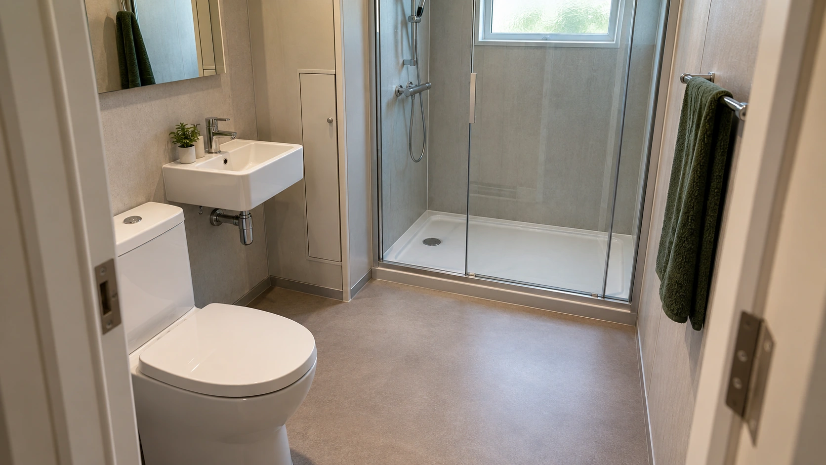 New concept illustration of a compact prefab bathroom with a vanity, toilet and shower grouped along one service wall.