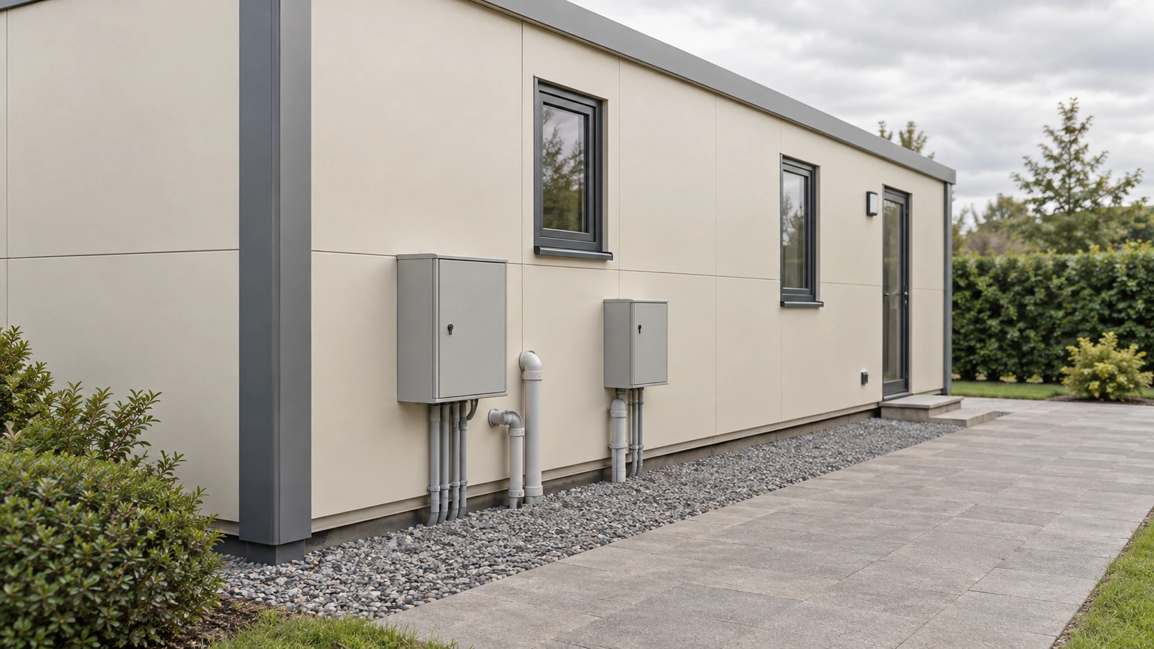 New concept illustration of a modular building exterior with protected service cabinets and a clear maintenance approach.