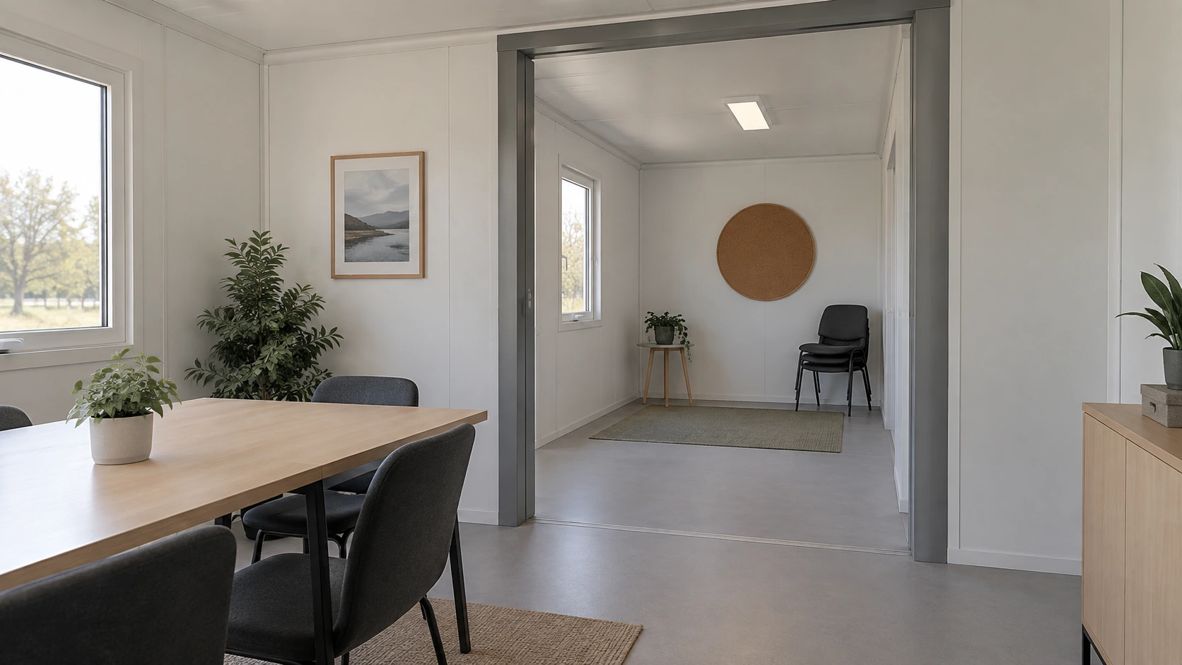 New concept illustration of two connected modular rooms with an aligned doorway and a continuous floor route.