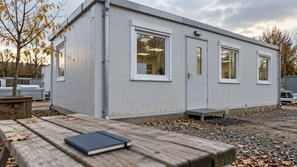New concept illustration of a modest occupied-looking prefab building with accessible exterior details and an inspection notebook.