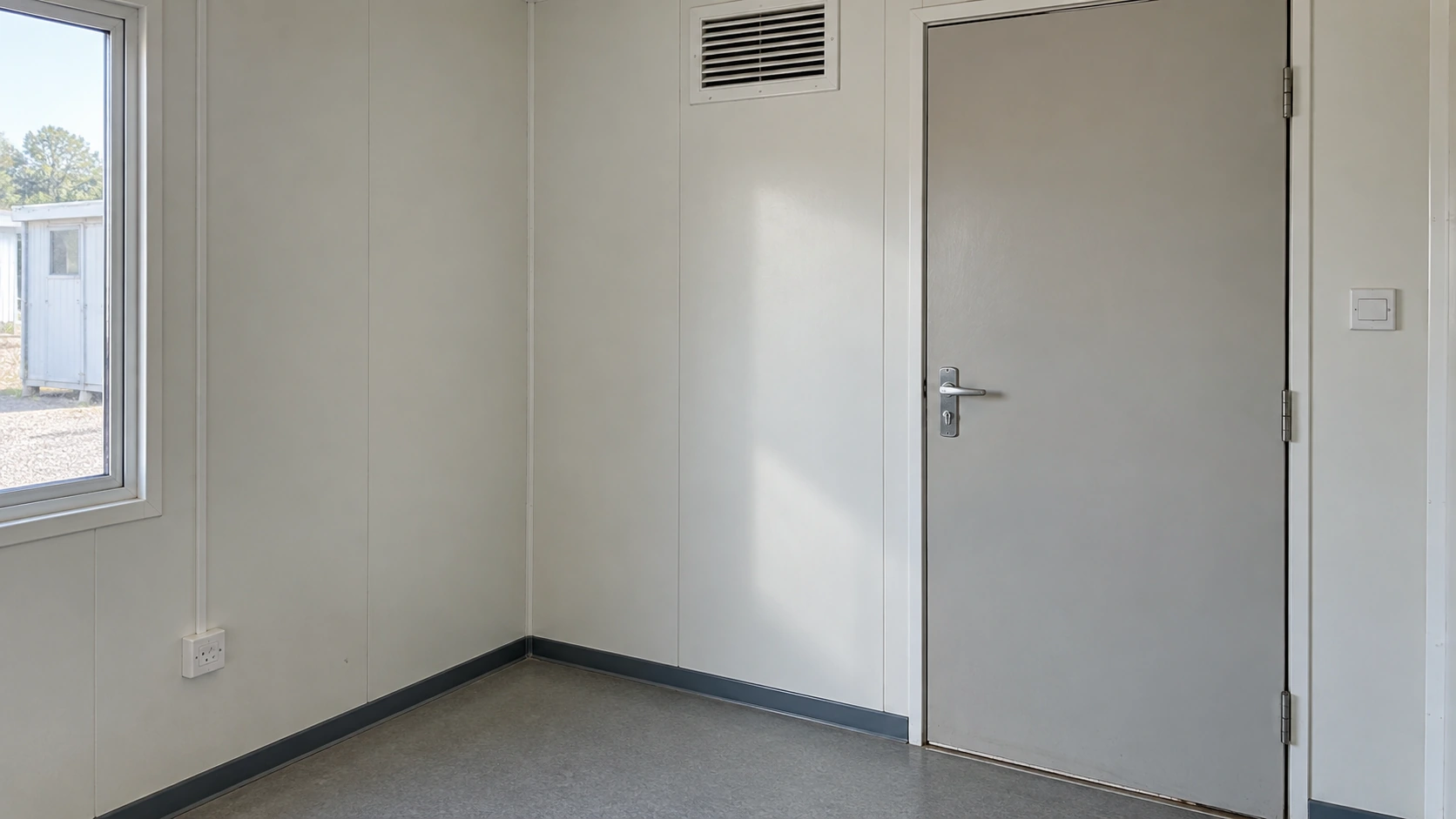 New concept illustration of a used modular room corner showing a door, wall finish and simple service grille.