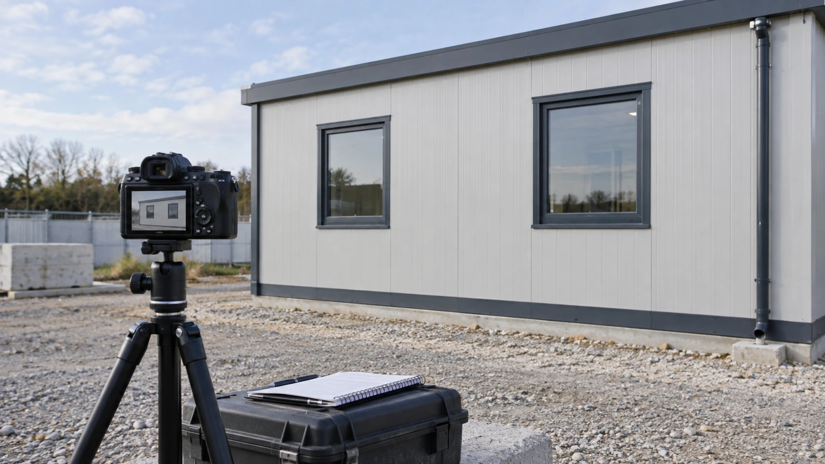 New concept illustration of a camera on a small tripod facing a prefab building elevation.