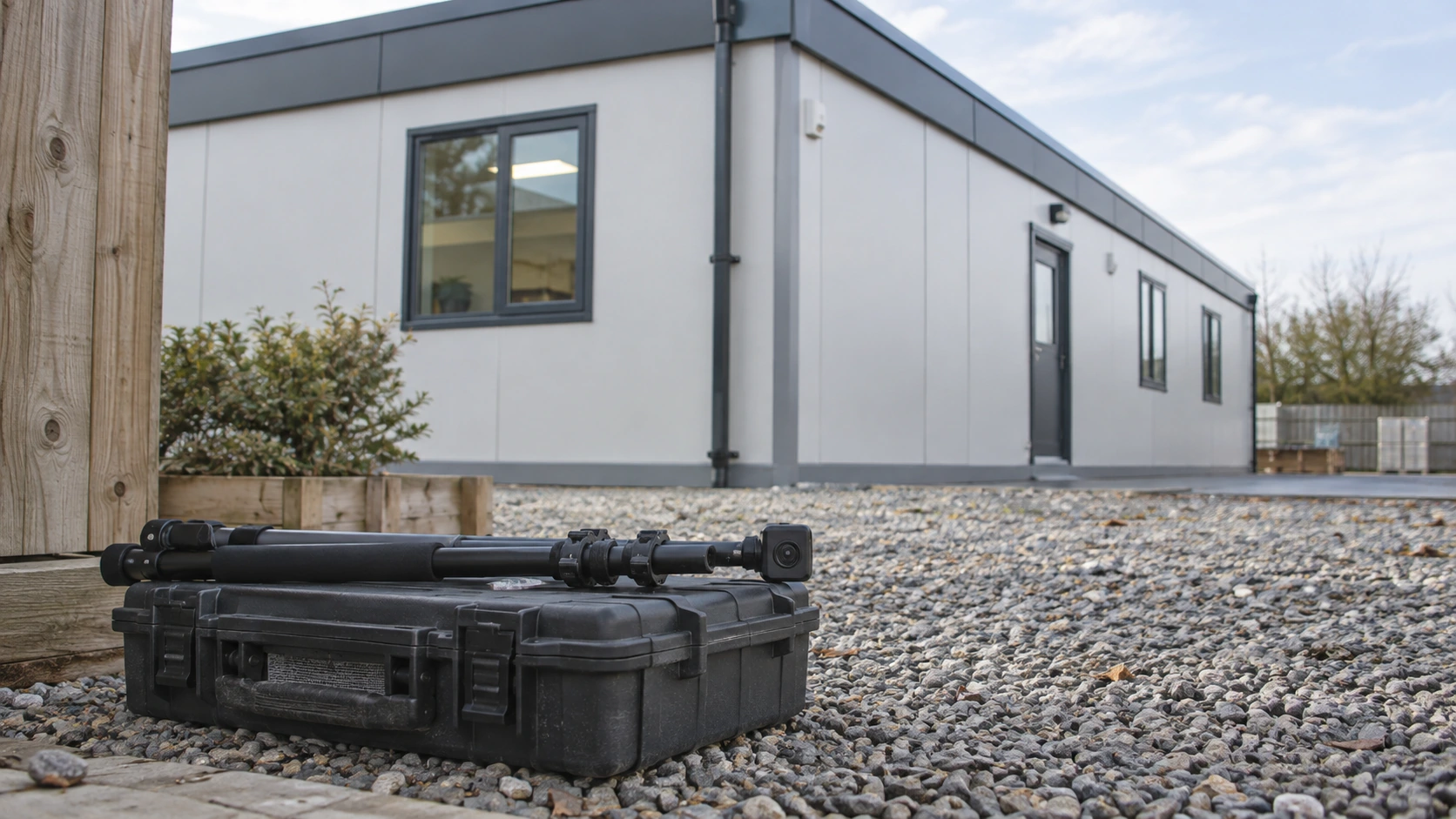 New concept illustration of an unoccupied inspection area beside a building with ground-level observation equipment.