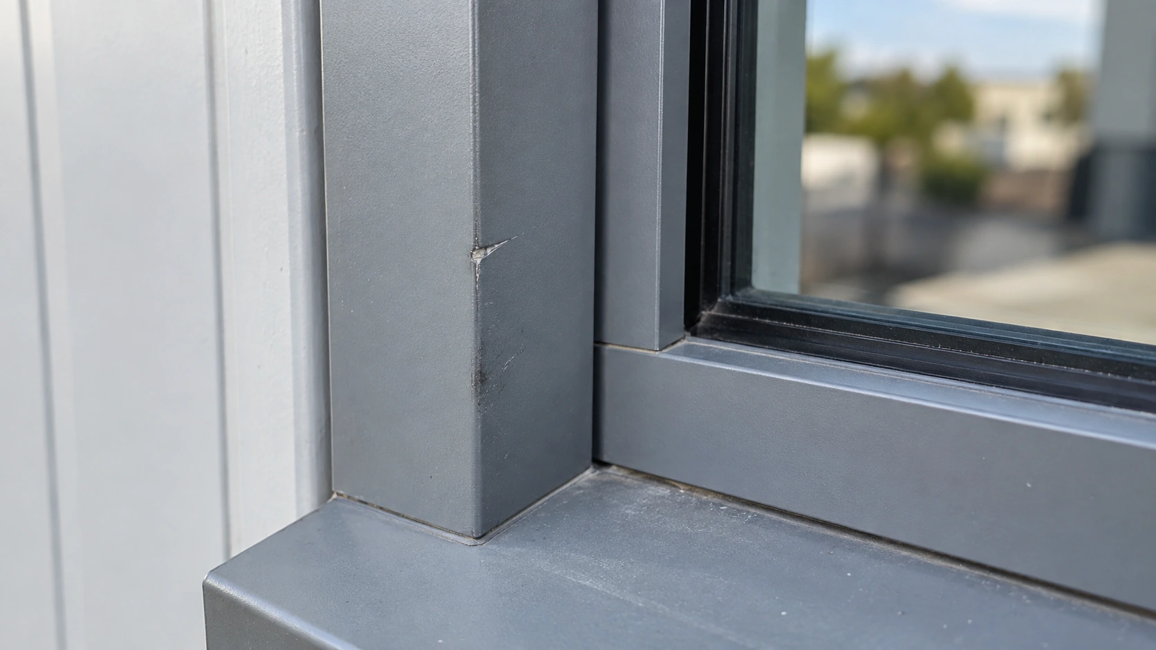 New concept illustration of a minor surface scratch on a painted modular steel trim near a window.