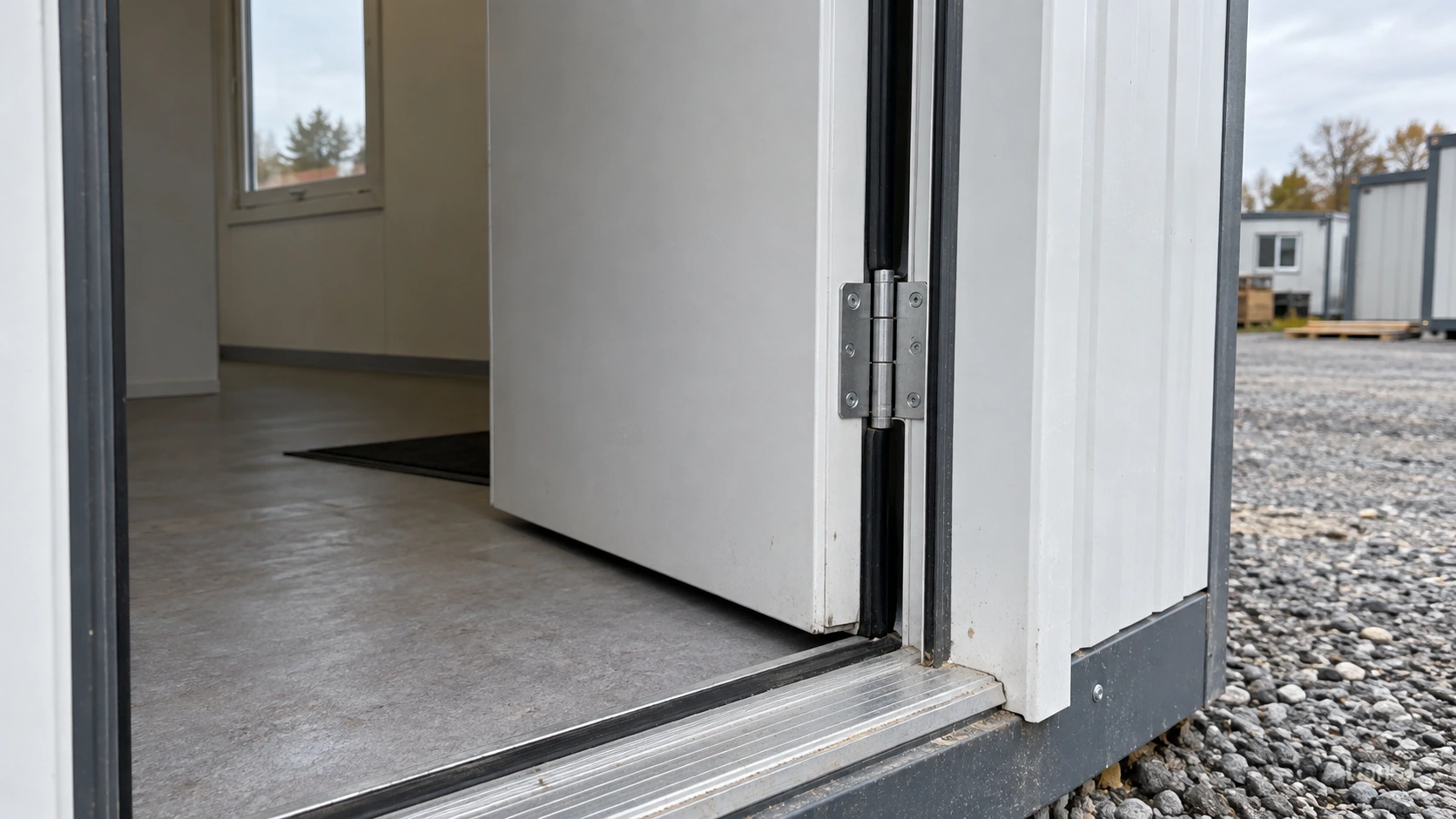 New concept illustration of a modular door frame with visible hinge, gasket and floor threshold.