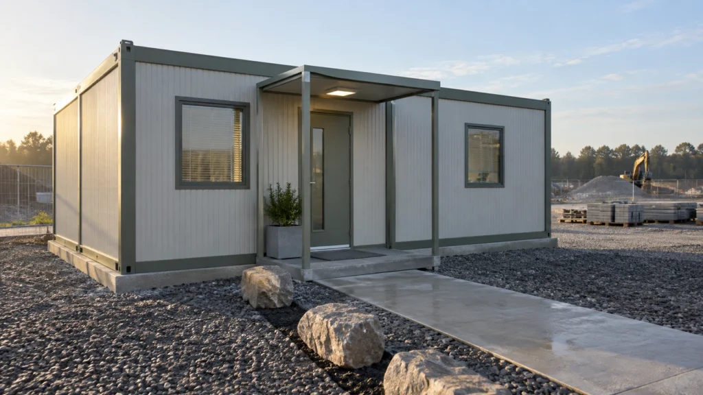 New concept illustration of a modest two-module site office with a clear entrance and separate pedestrian approach.