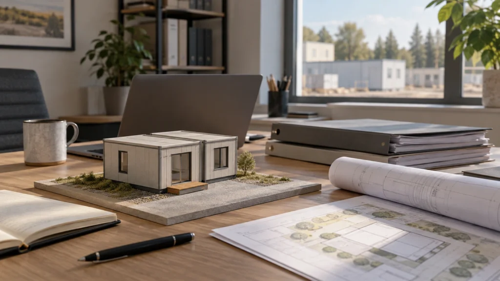 New concept illustration of a modular-building model beside project folders and a preliminary site plan.
