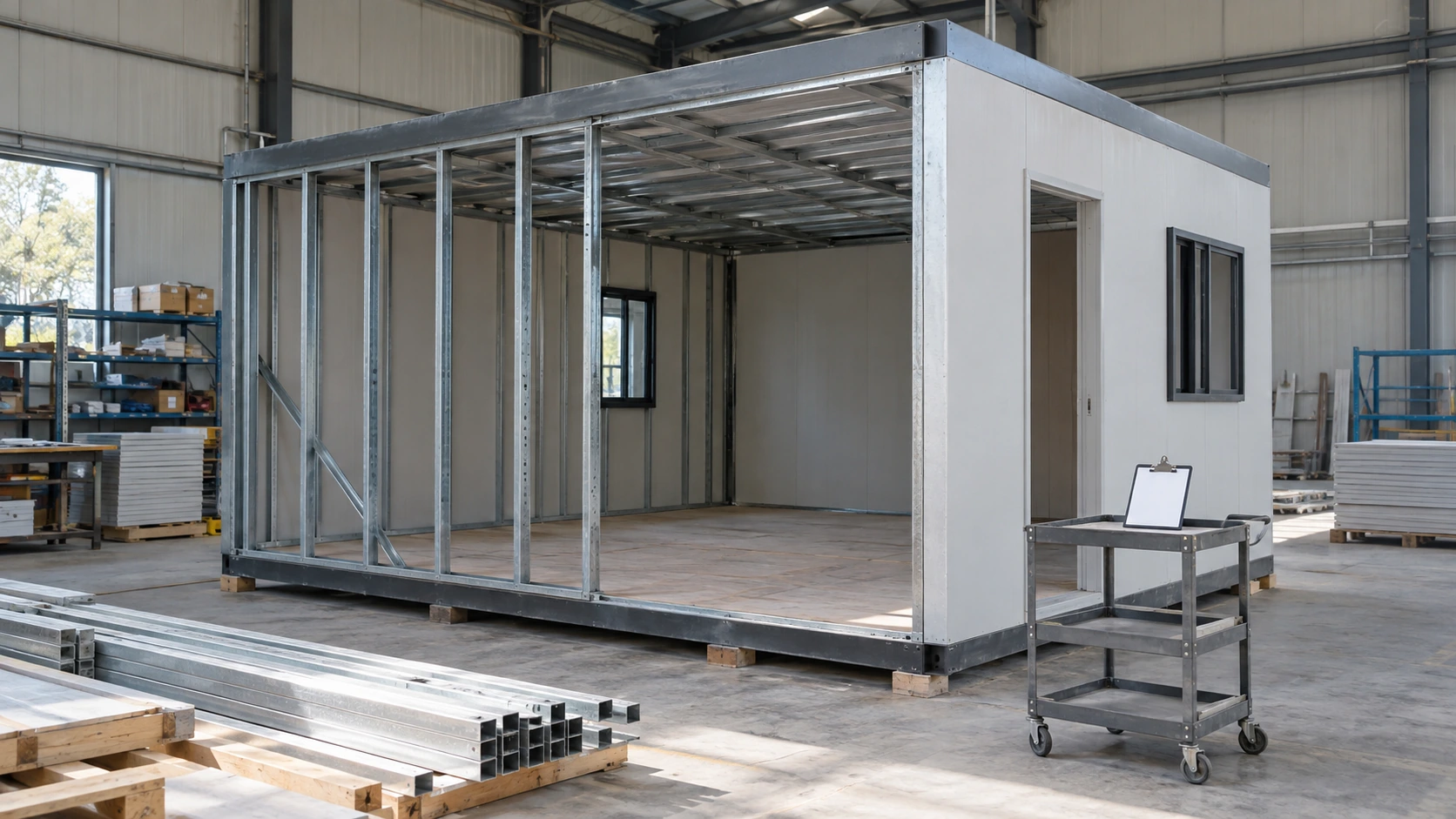 New concept illustration of a partly assembled prefab module in a factory with wall framing still visible.