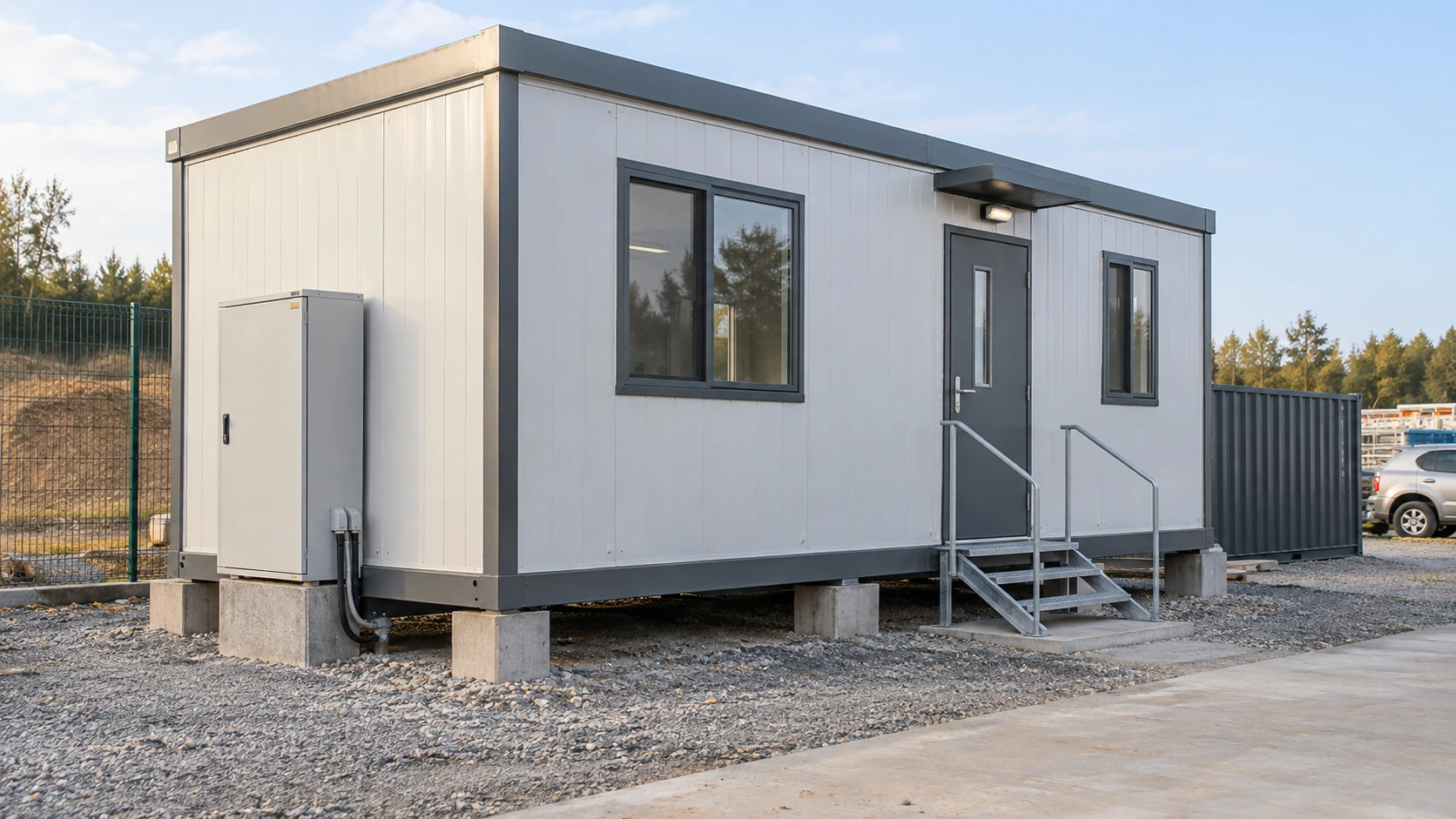 New concept illustration of a small movable prefab office resting in place with steps and a closed service cabinet.