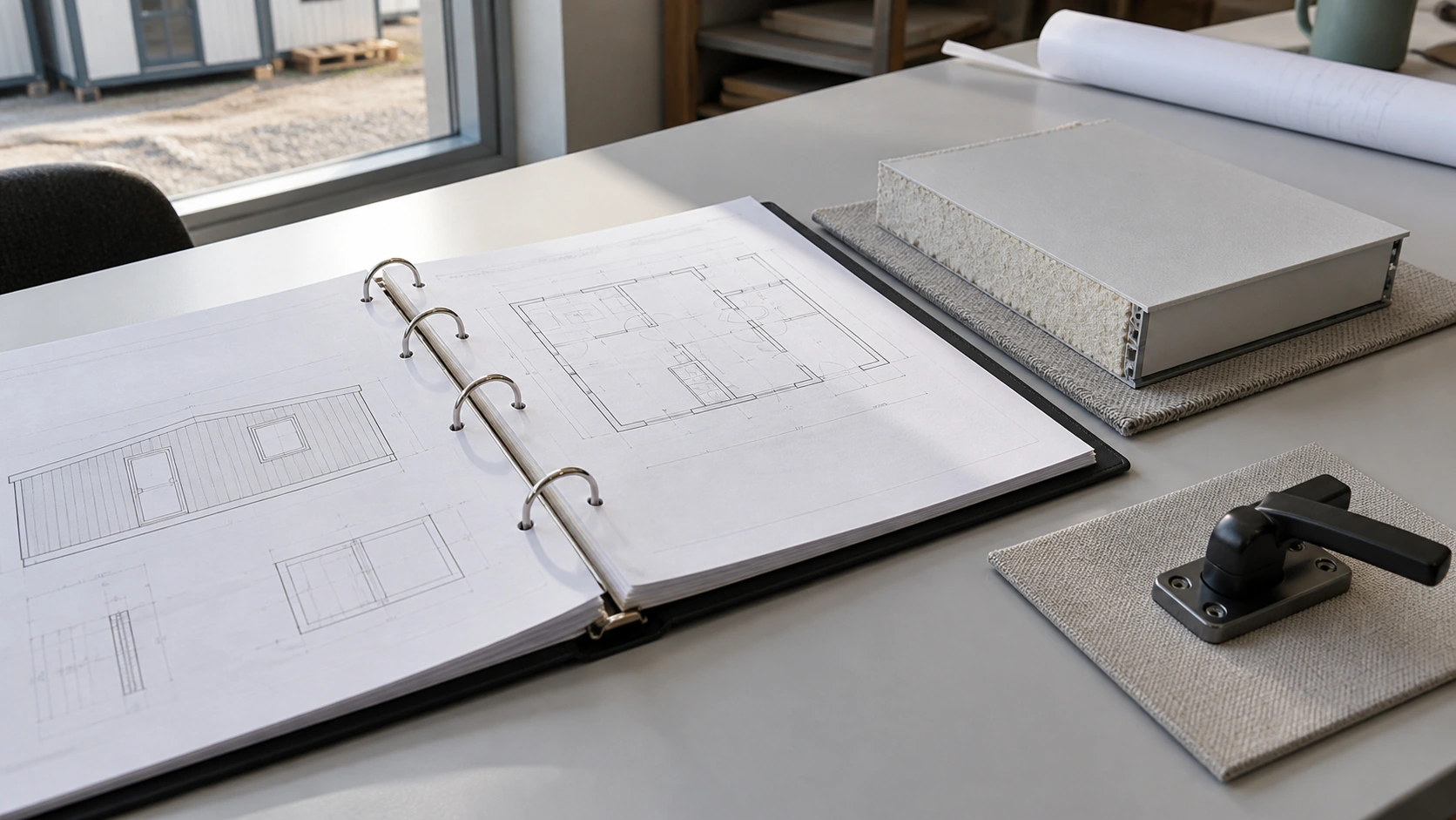 New concept illustration of organized technical folders beside a small panel sample and a window-hardware sample.