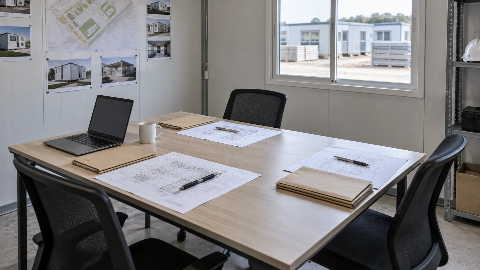 New concept illustration of a small project coordination table with separate marked-up drawings and an open laptop.