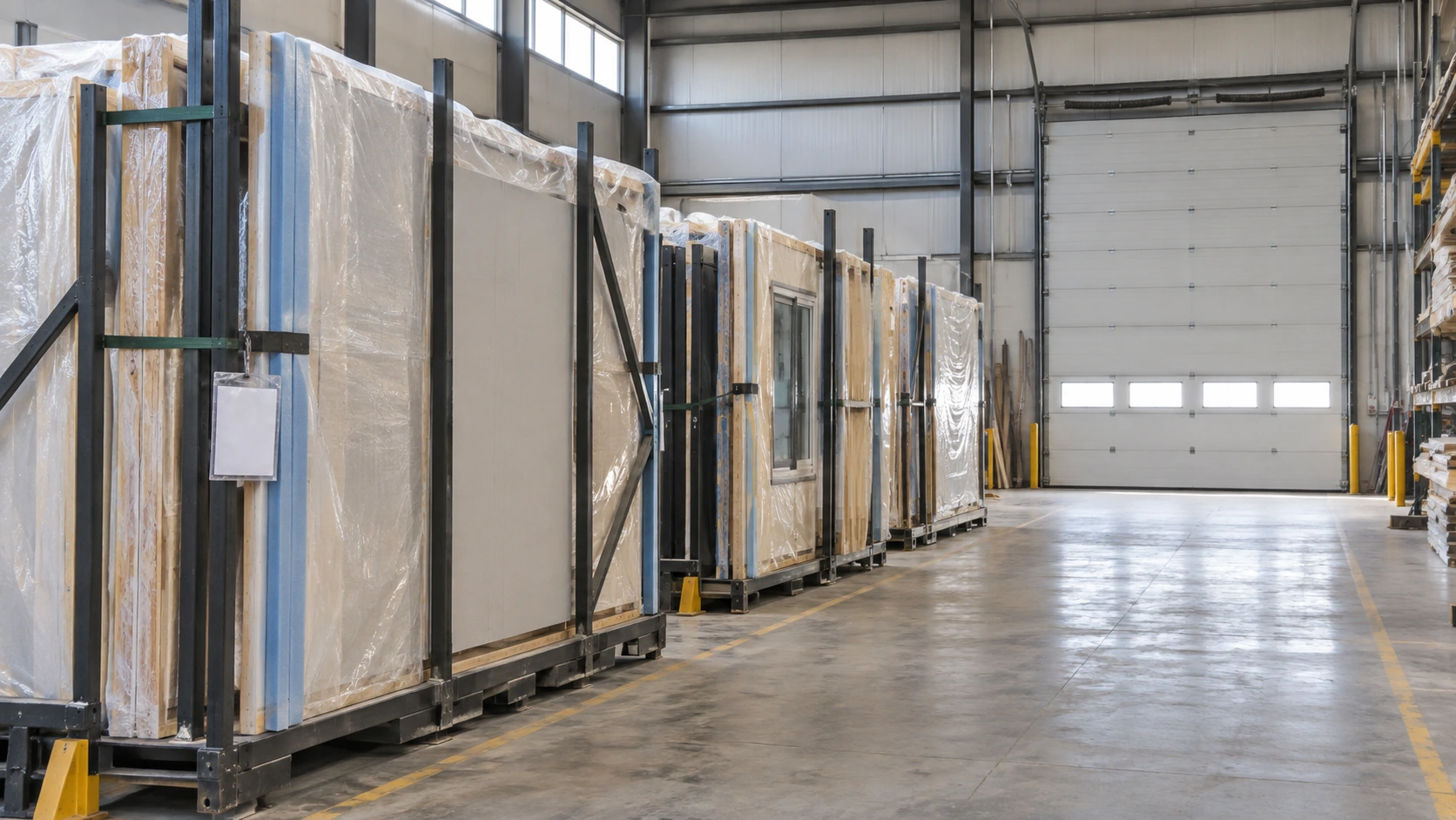 New concept illustration of protected finished prefab panels and an empty staging area inside a factory.
