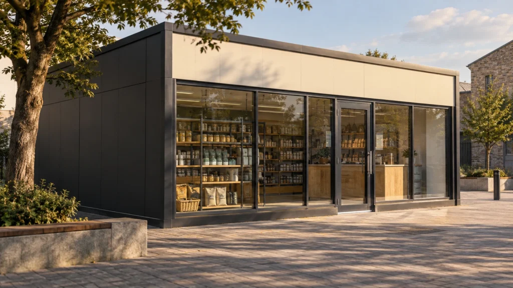 New concept illustration of a compact modular retail shop facing a pedestrian courtyard.
