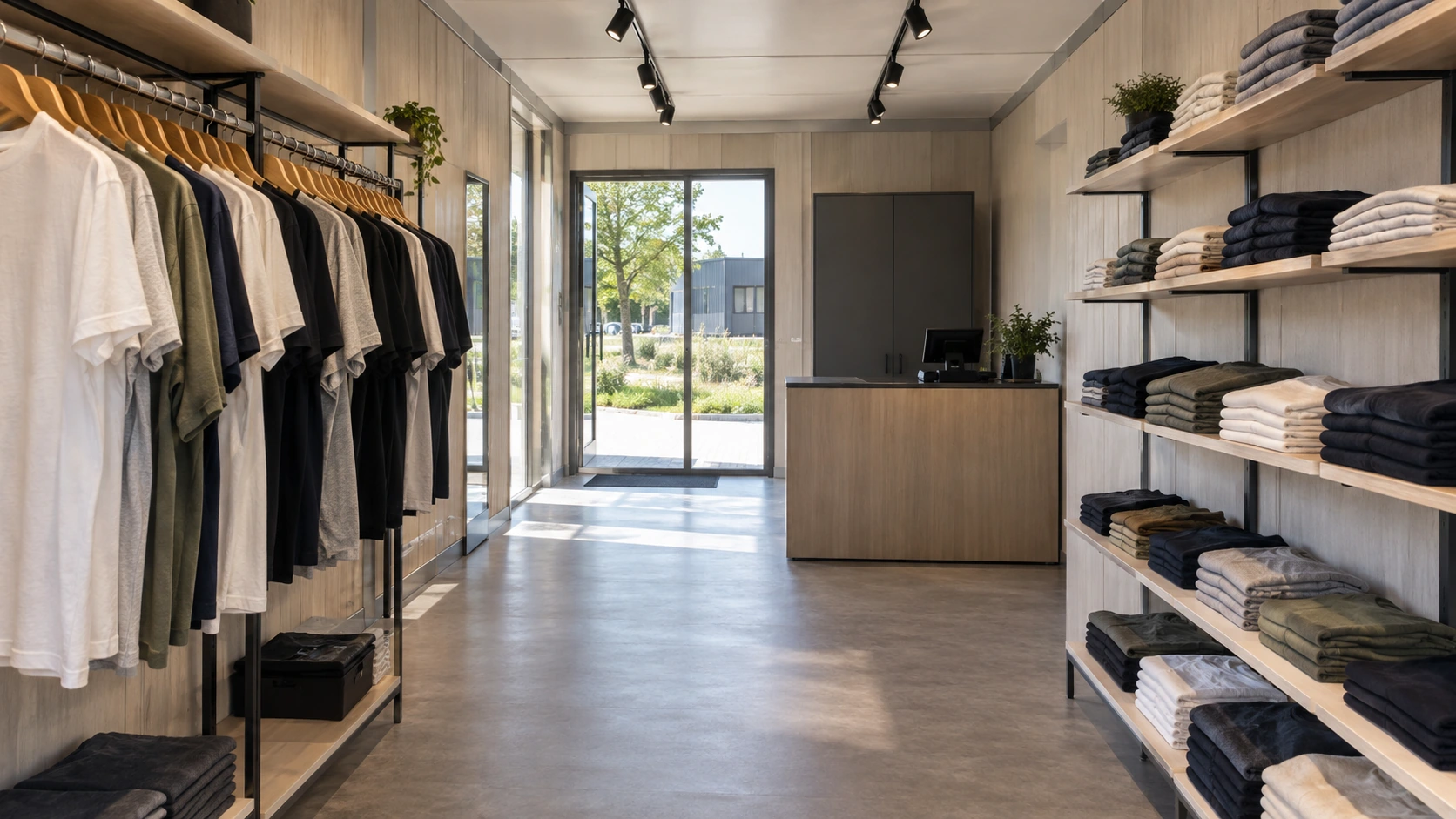 New concept illustration of a compact dry-retail interior with clothing displays, reserve storage and a payment counter.