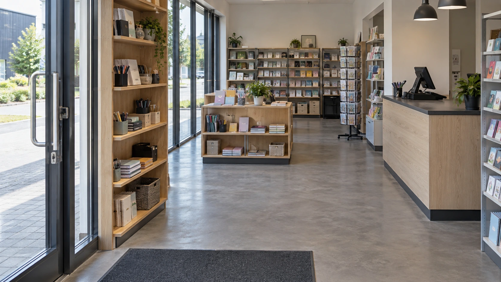 New concept illustration of a shop entrance with a clear aisle between compact displays and the checkout counter.
