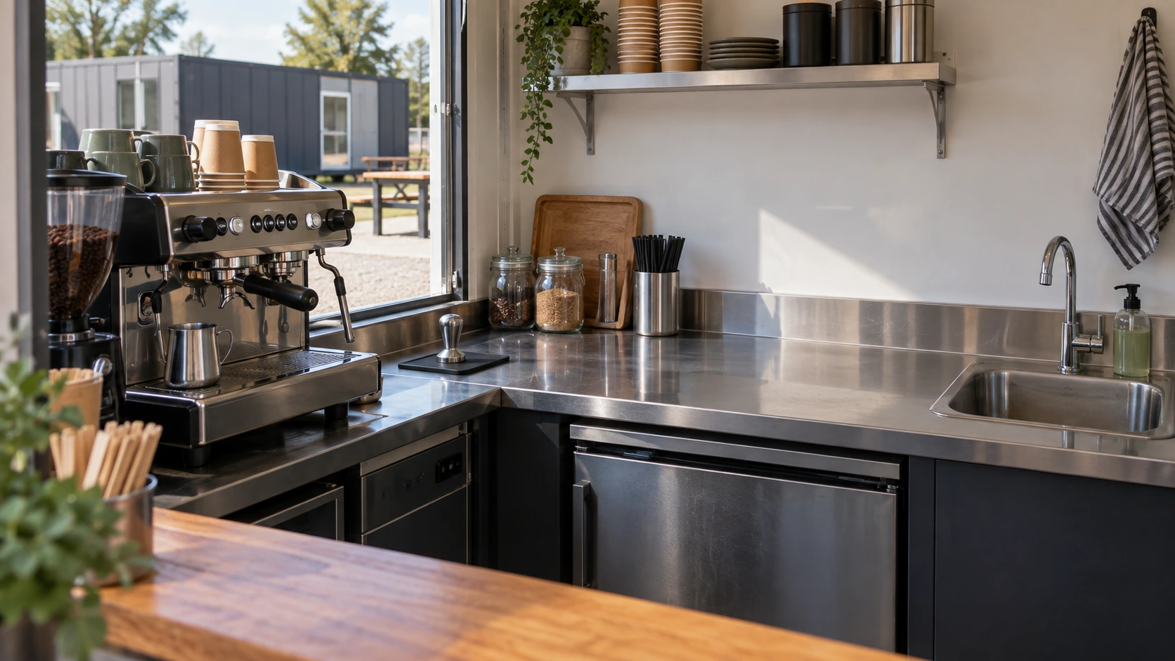 New concept illustration of a compact beverage-kiosk work area with separate coffee equipment, sink and refrigerated storage.