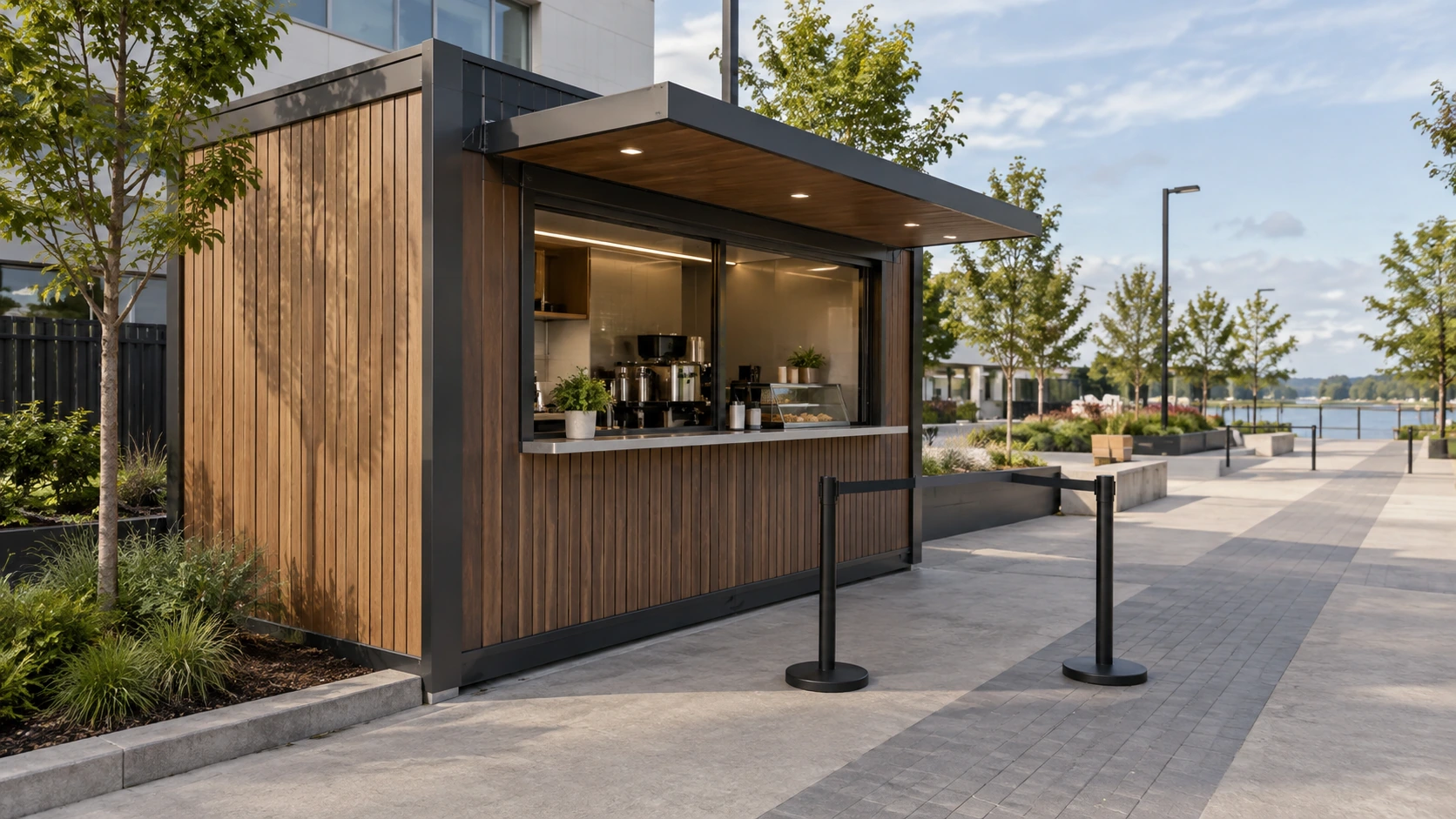 New concept illustration of a modular kiosk service counter with an open paved waiting area and a clear adjoining walkway.