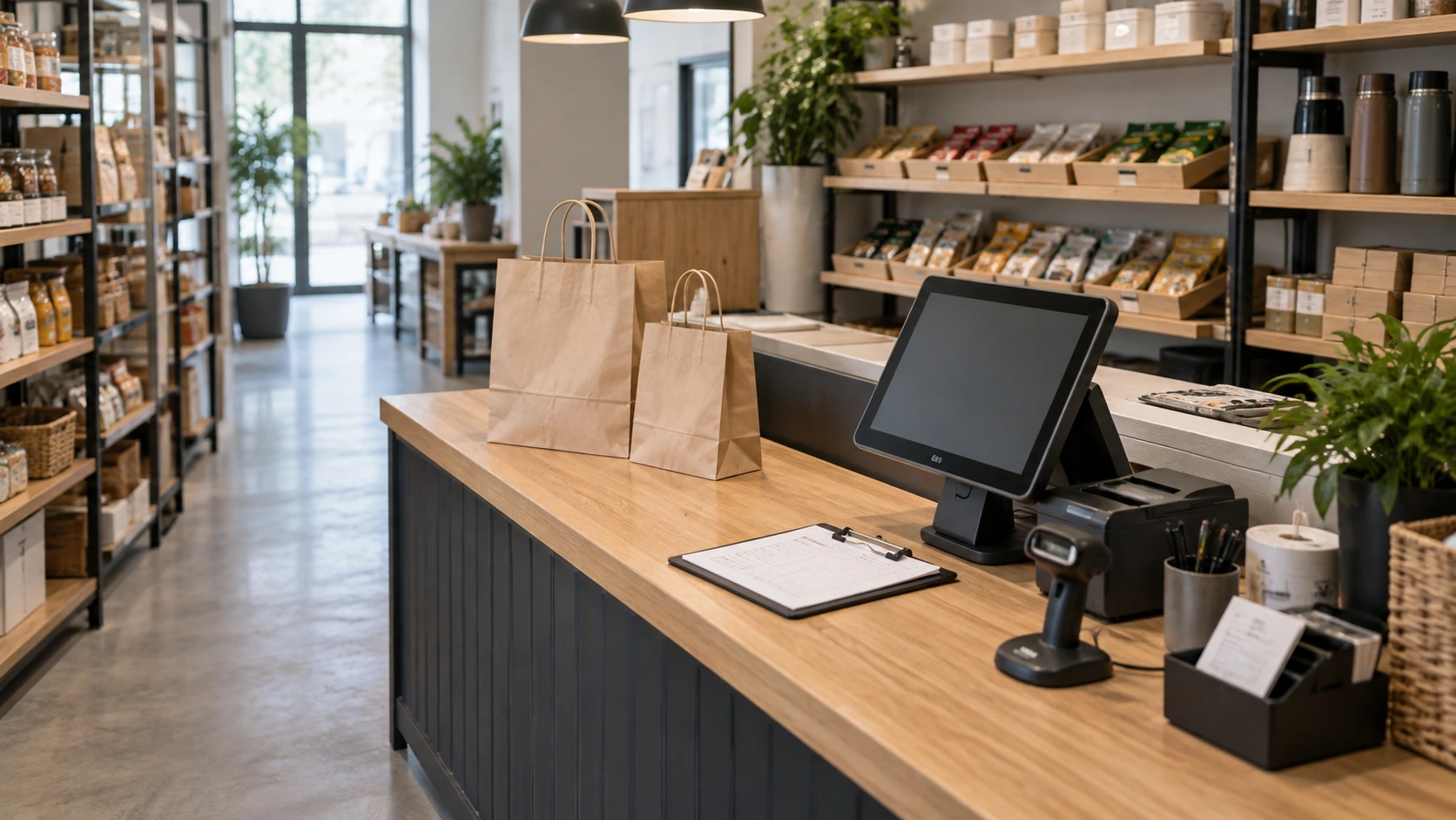 New concept illustration of a finished shop counter with a payment terminal, stock tray and opening checklist.