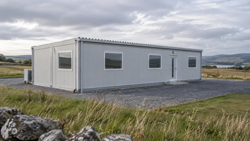 New concept illustration of a modest modular building on an open grassy site under an overcast sky.