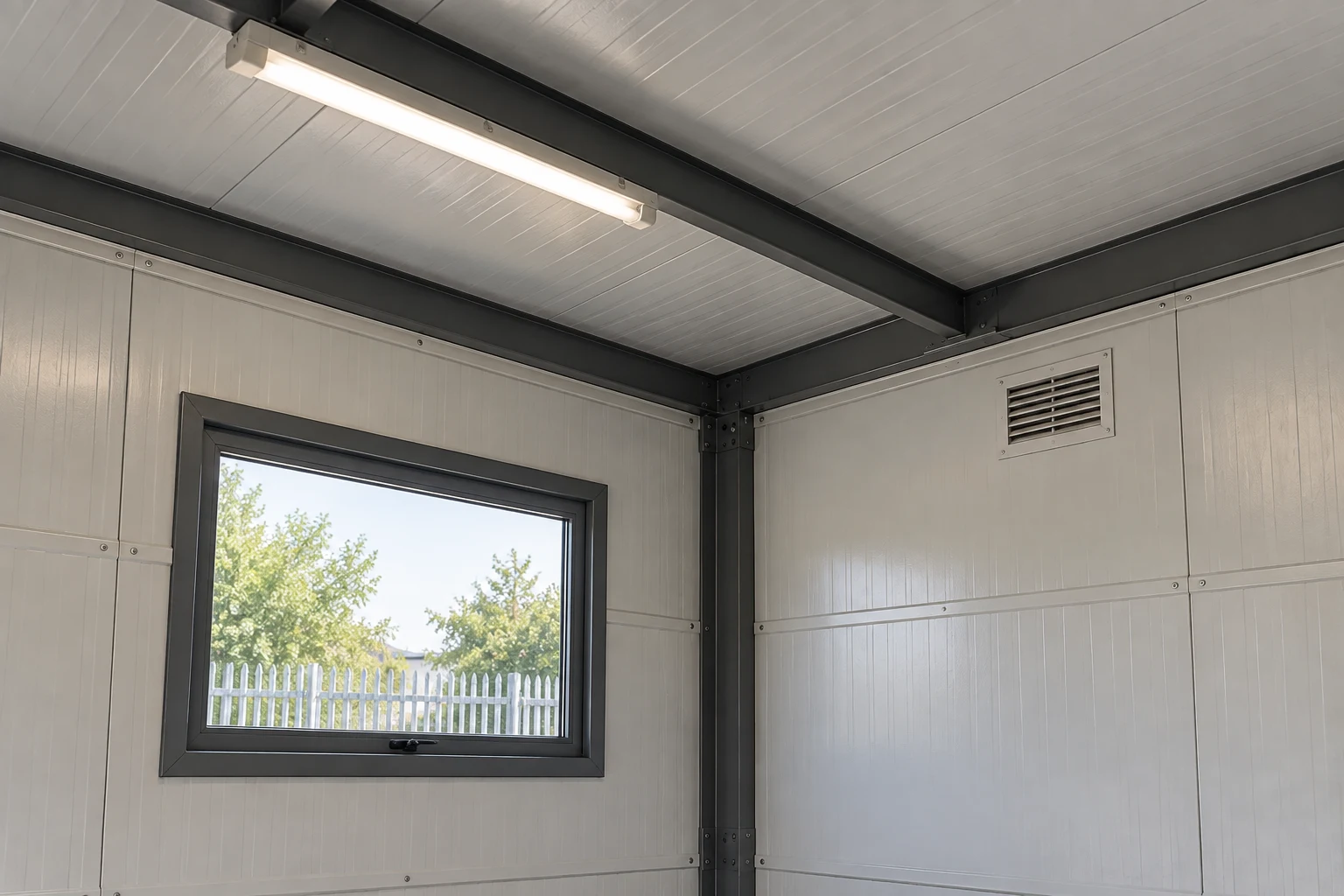 Window, ceiling light and wall ventilation grille in a modular garage.