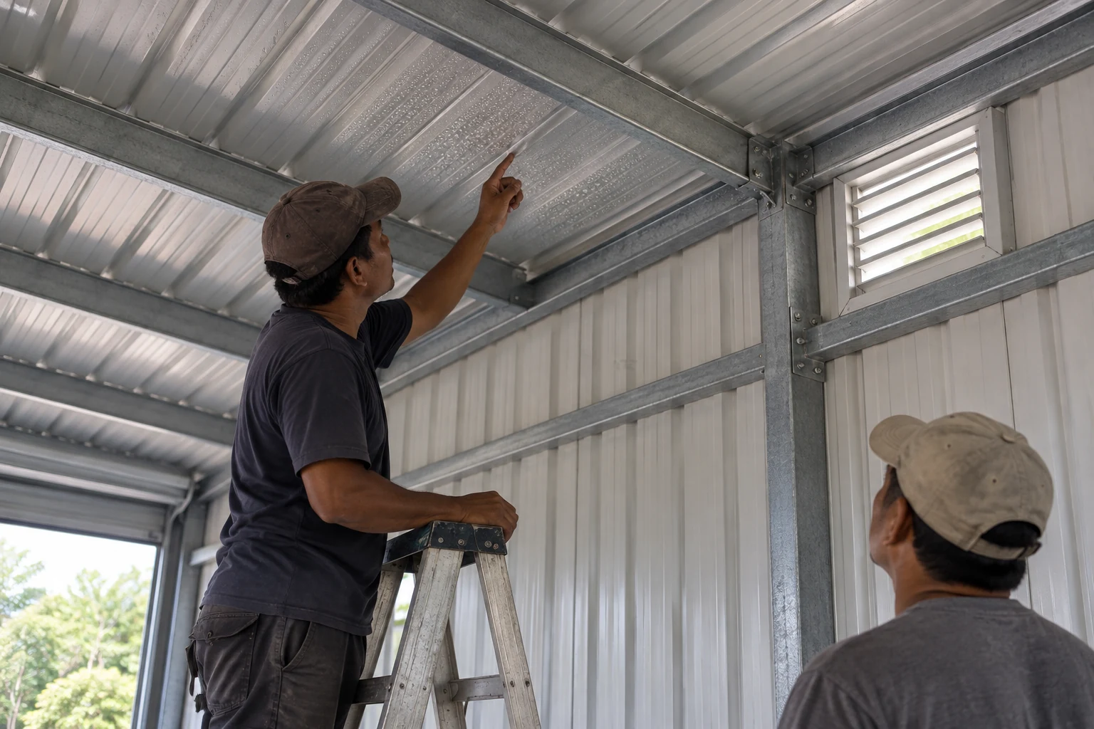 Illustrative inspection of condensation on an unadorned steel garage roof