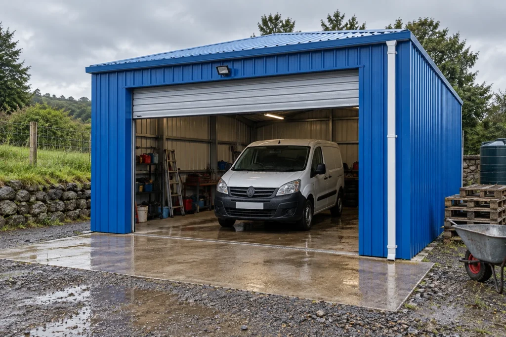 Illustrative wet vehicle parked outside a modest modular garage after rain