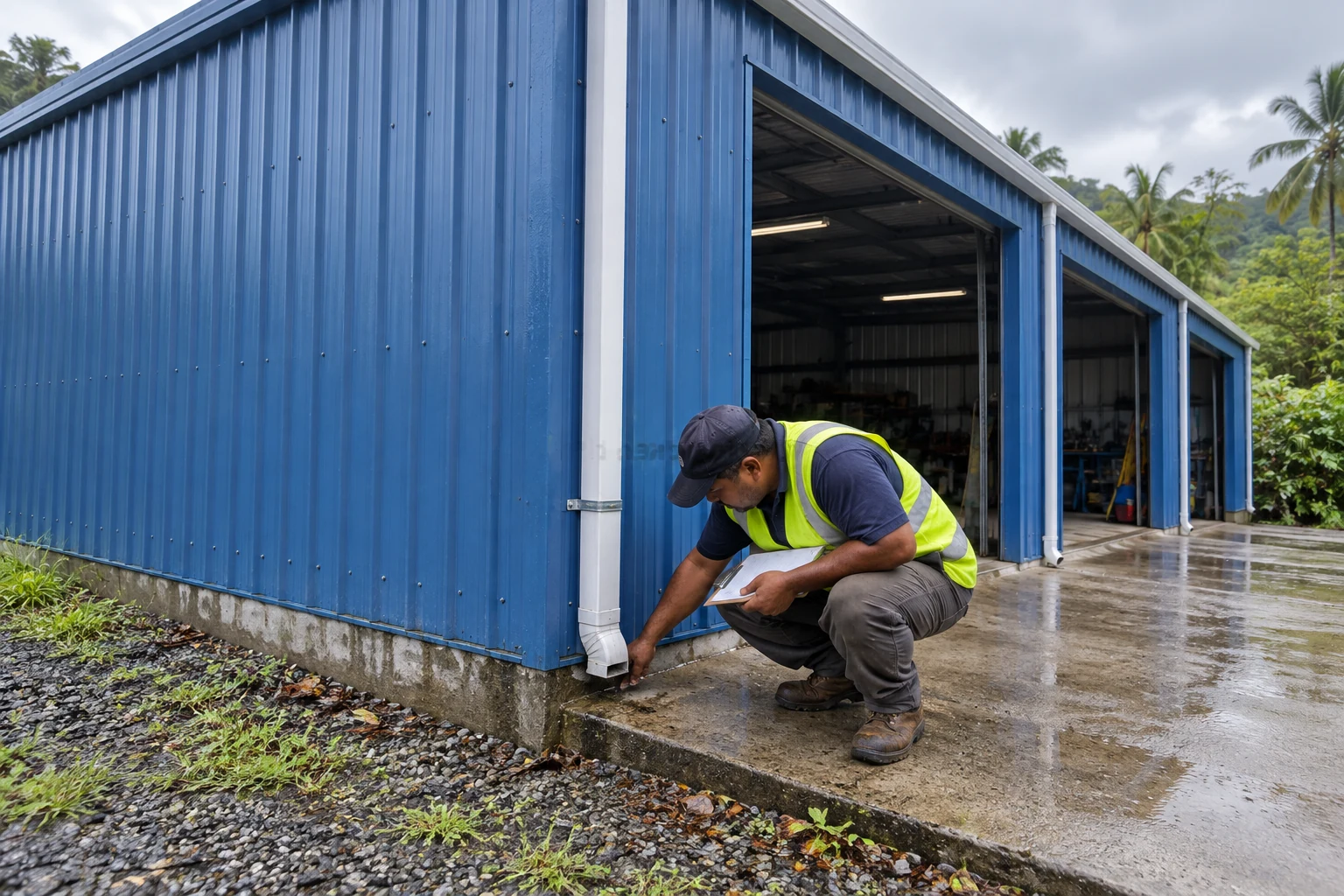 Illustrative worker inspecting modular garage roof water discharge after rain