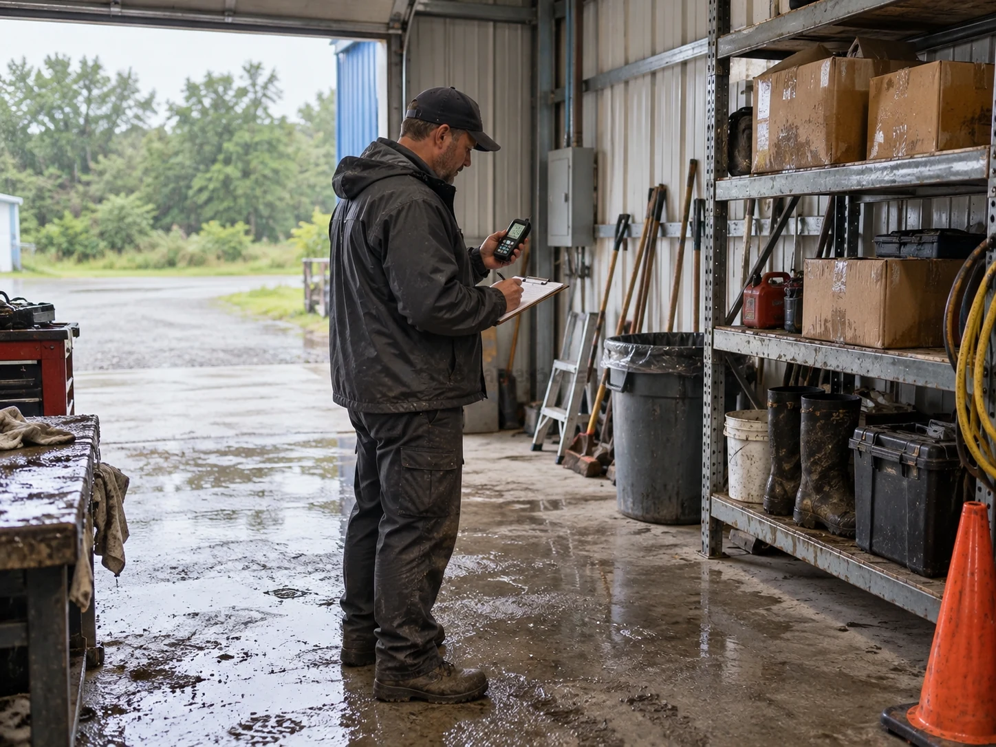 Illustrative raised garage storage and moisture log during wet-weather inspection