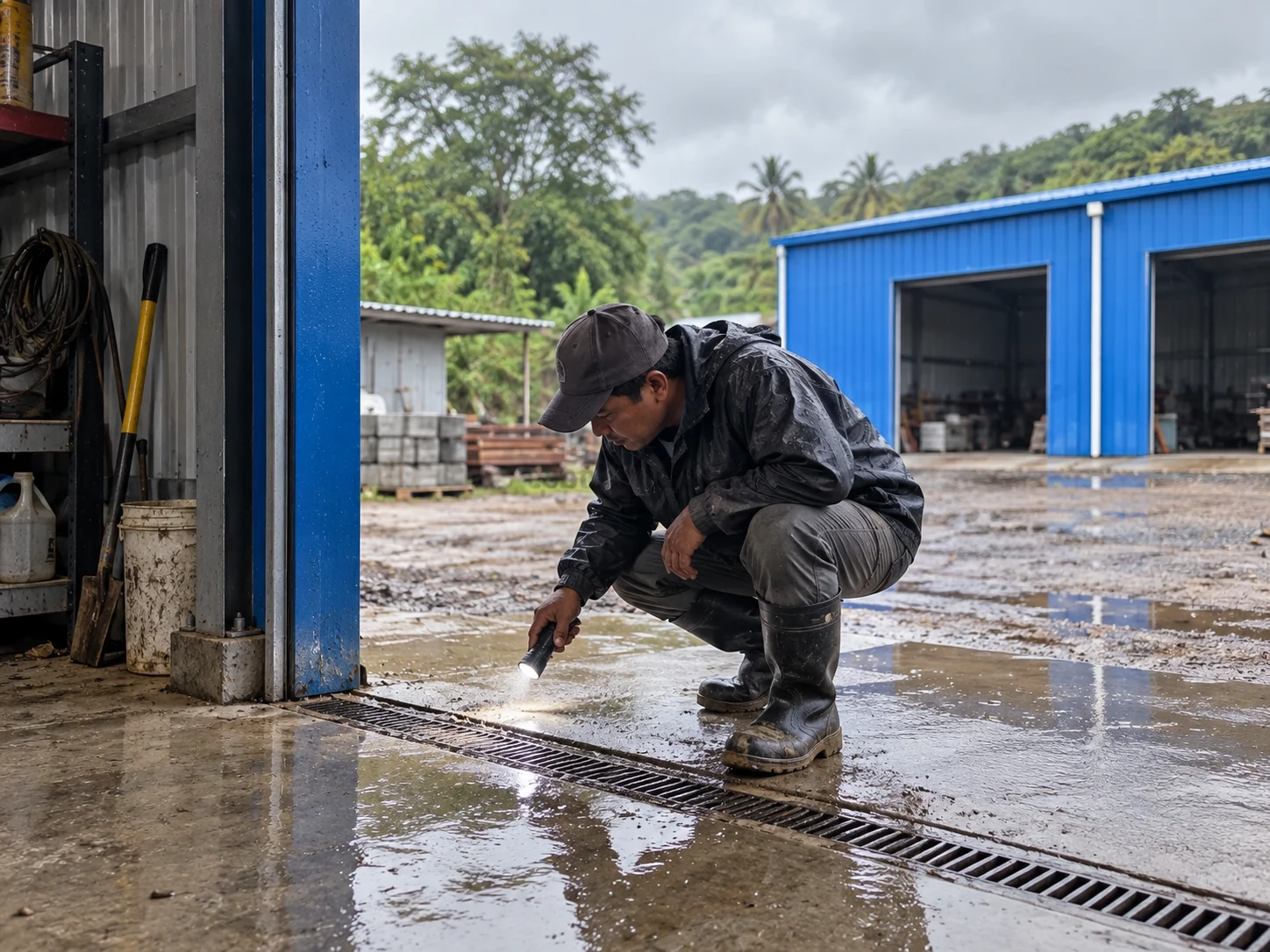 Illustrative worker checking a wet modular garage door threshold and drain