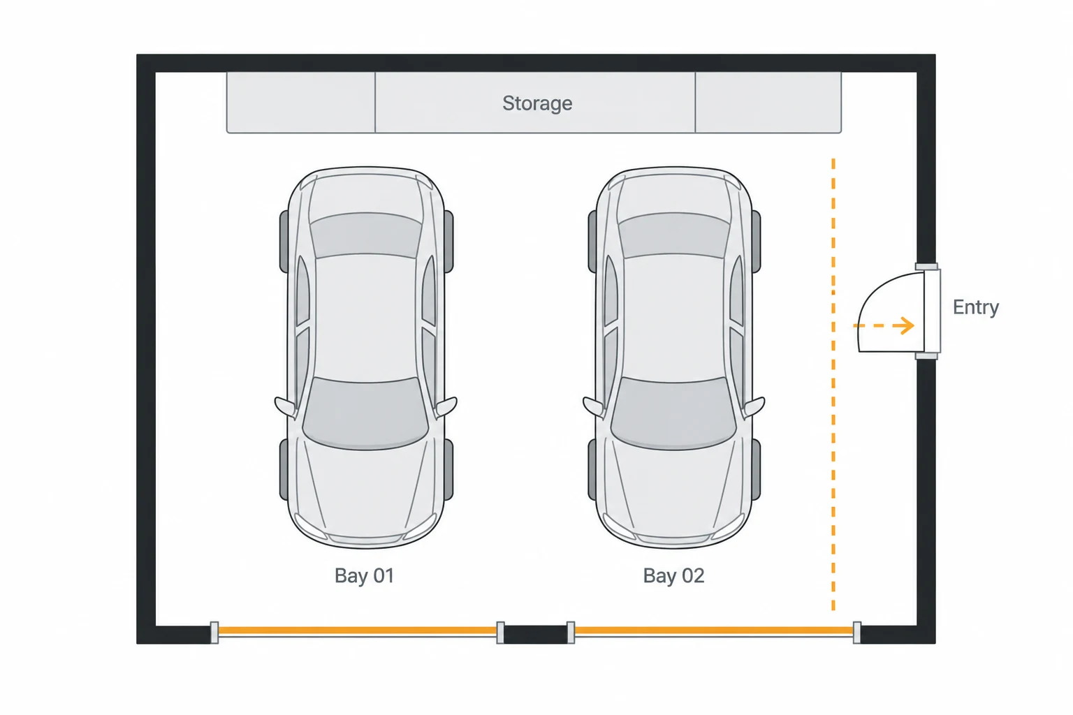 Top-down concept showing two vehicle bays, rear storage and a separate side entry.