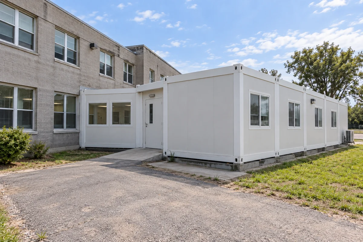 Single-storey modular healthcare wing connected to an existing masonry building