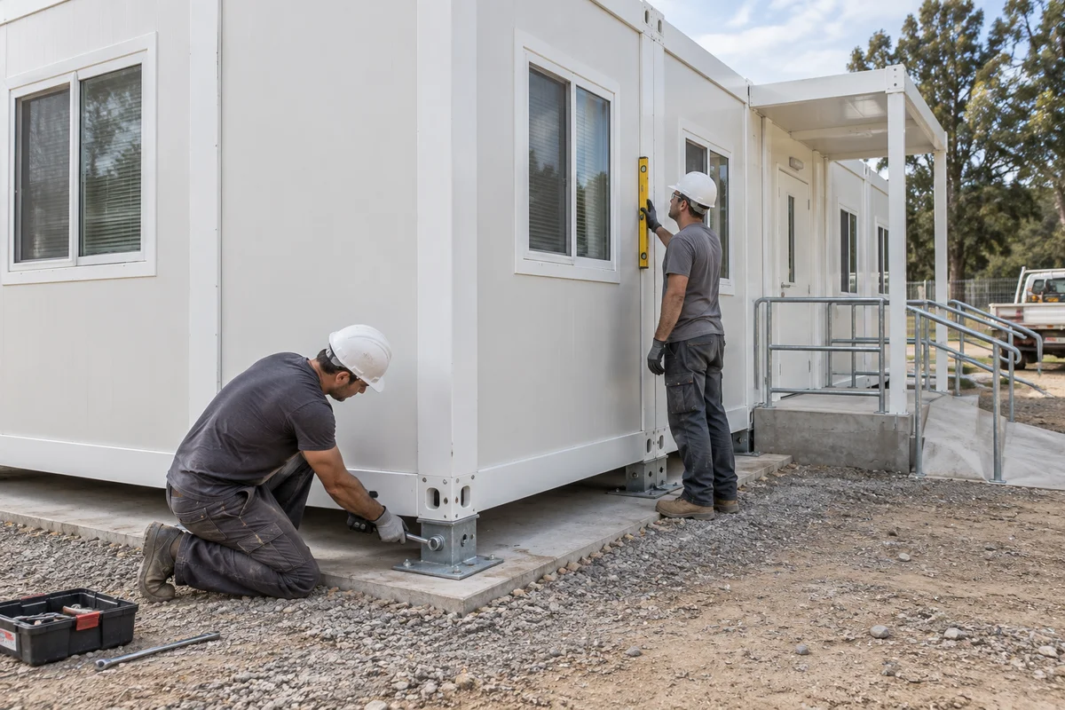 Installer checking a connection at the base of a modular clinic building on site