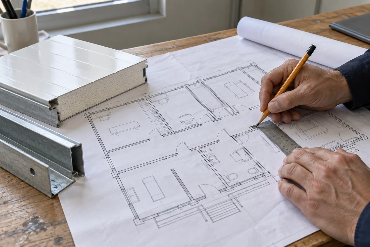Layout drawings and material samples being reviewed for a modular healthcare building